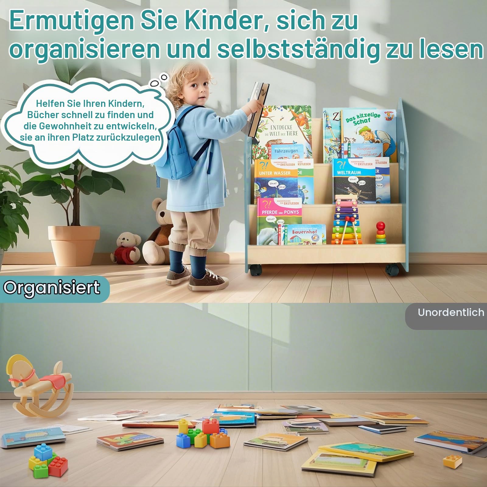 Bücherregal Kinder mit Tafel & Rollen, Montessori Kinderregal Kinderbücherregal mit 3 Fächern, Spielzeug Aufbewahrung Bücher Regal Kinderzimmer, Spielzeugregal Aufbewahrungsregal aus Holz