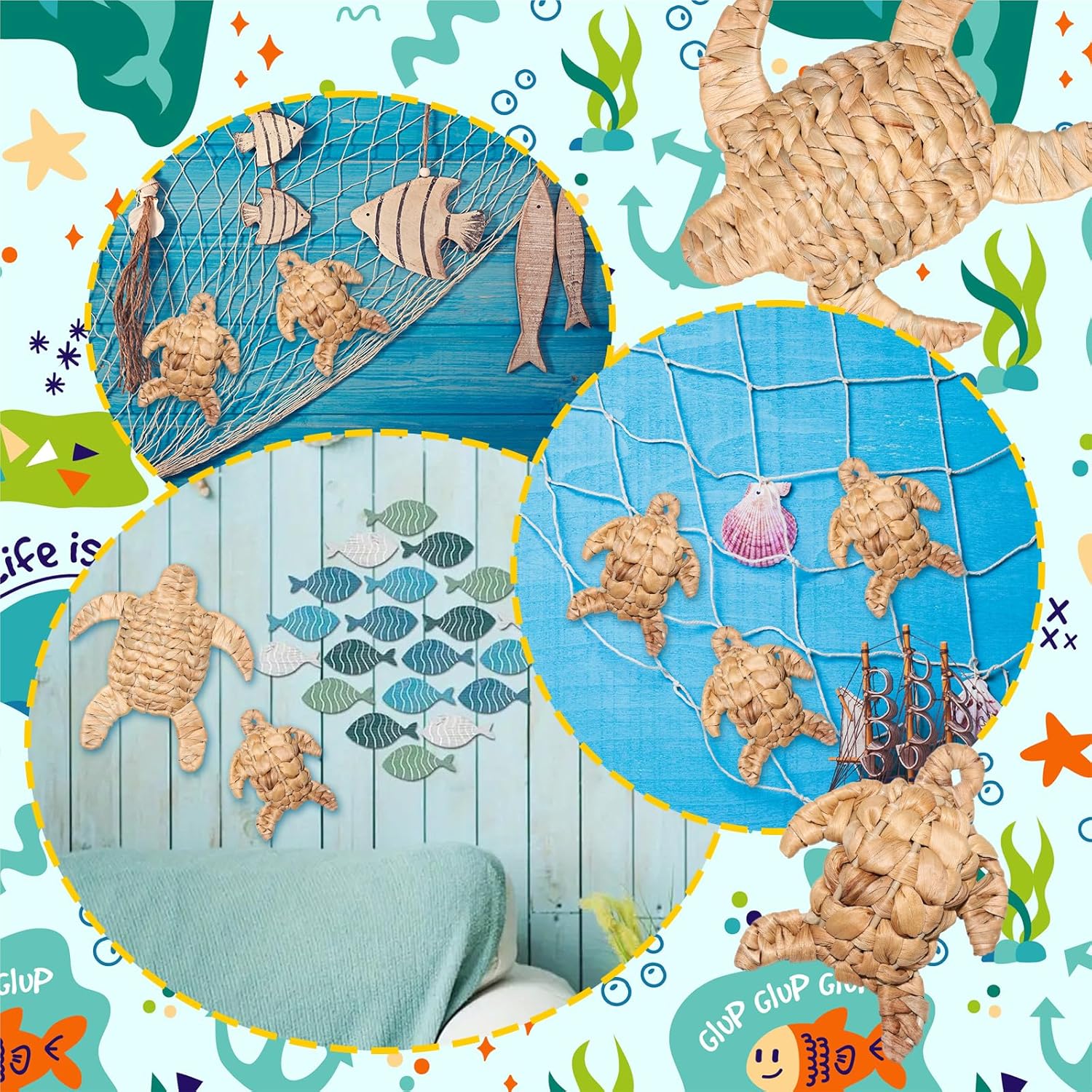 3 Pcs Turtle Beach Theme Decor 2 Size Handmade Wicker Turtle Wall Decor Sea Life Hanging Wall Art Coastal Nautical Sculpture Table Decoration for Boho Bathroom Indoor Outdoor Ornament (3)