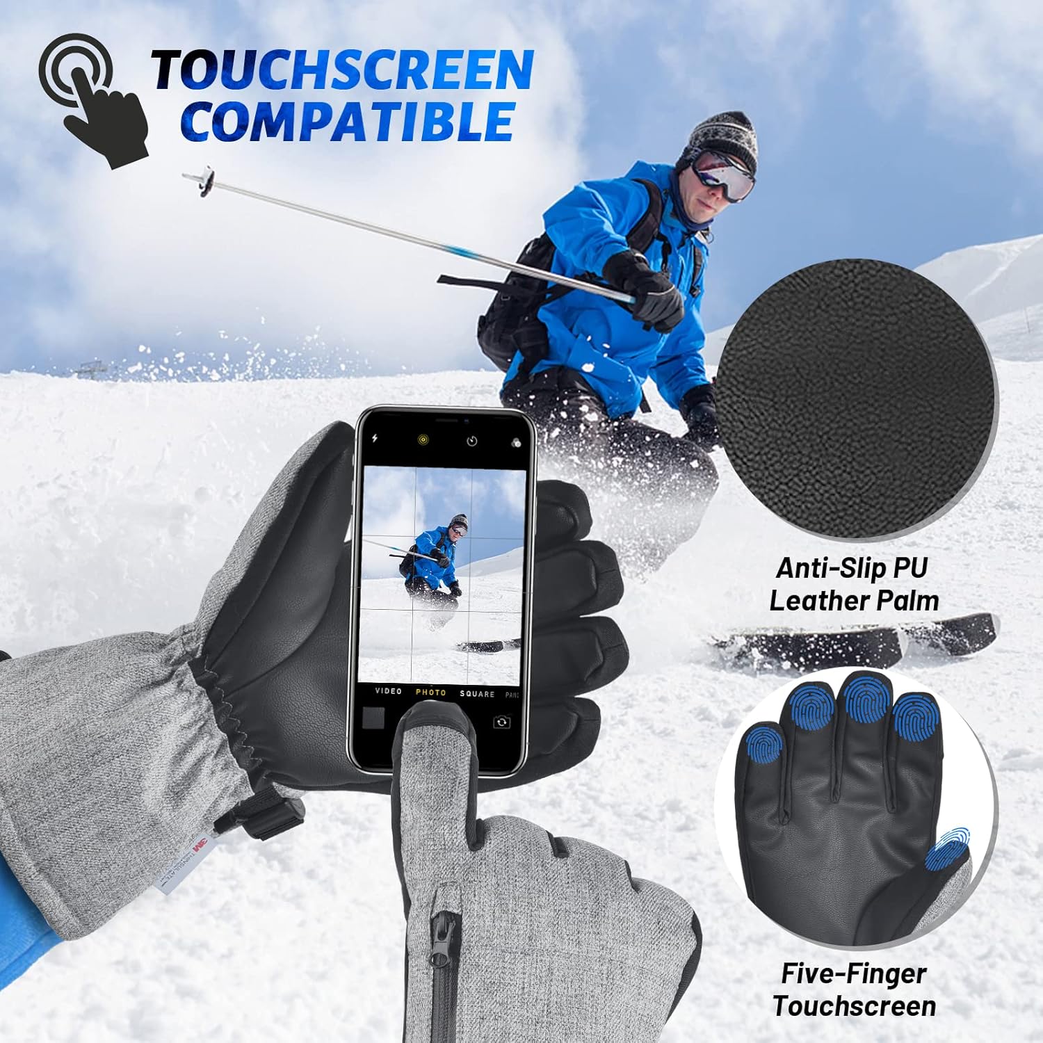 Unisex Waterproof Touchscreen Ski Gloves for Men Women, 3M Thinsulate Winter Snow Gloves with Pocket - Image 4
