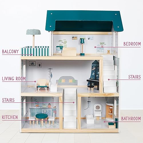 Miniatura 3 de Lil' Jumbl Casa de muñecas de madera para niños, accesorios y muebles de 17 piezas, con balcón y escaleras, juguete de casa de muñecas de 3 pisos