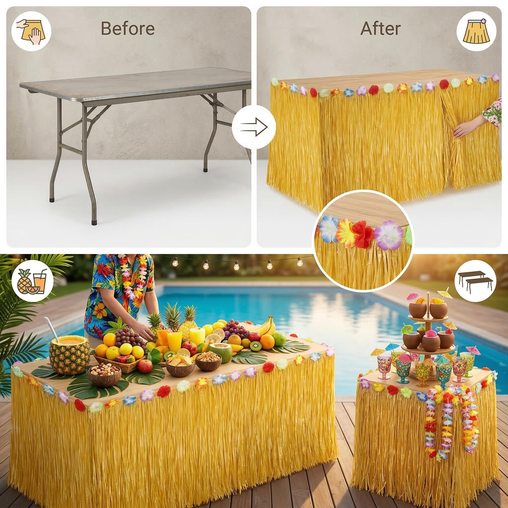 Set di 2 Tovaglie in Stile Hawaiano – 276 x 75 cm, Tovaglie di Paglia per Decorazioni Tropicali con Nastro Adesivo e Anelli Decorativi, Perfette per Feste a Tema Luau, Estive e da Spiaggia