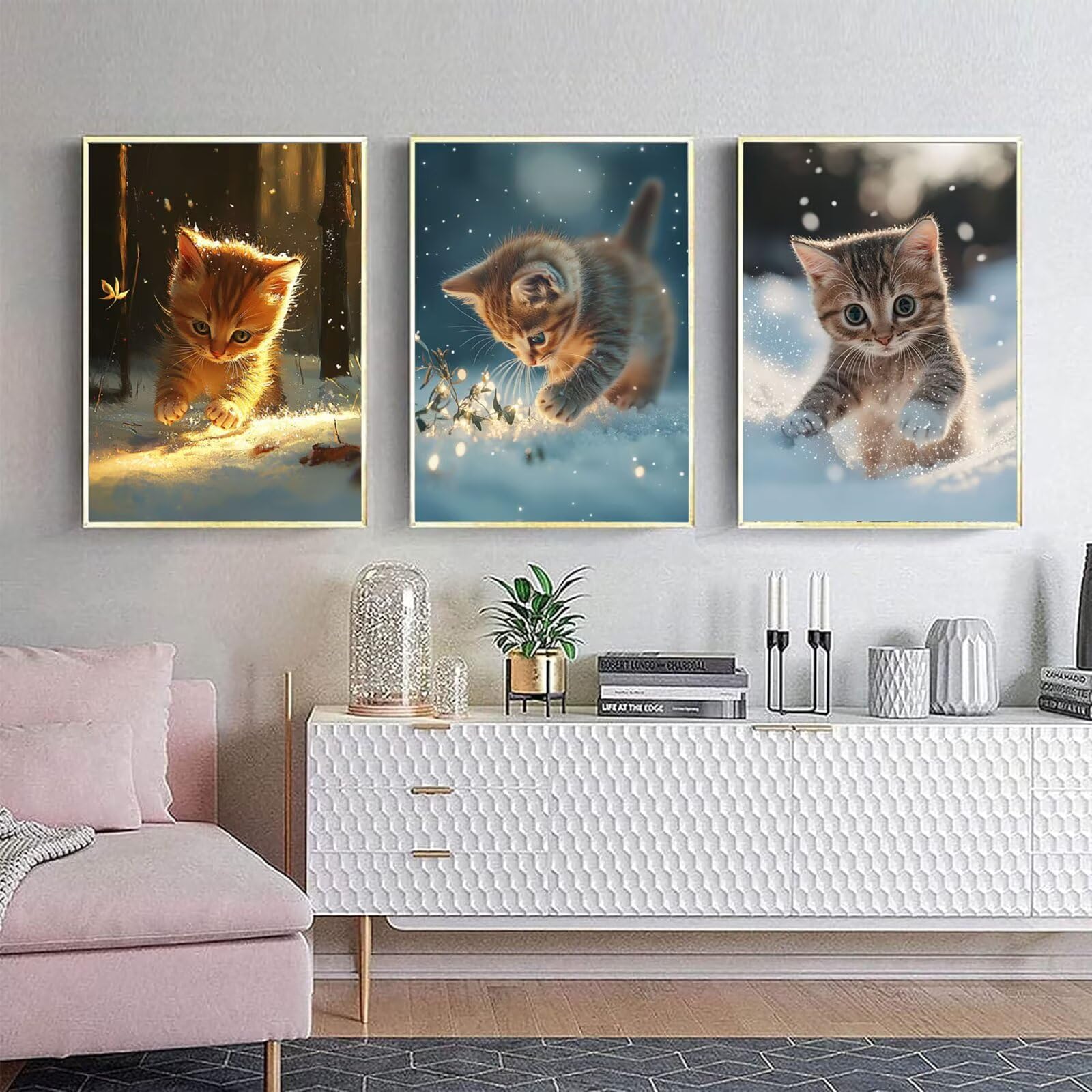 Cnyaunfi Zestaw 3 sztuk 5D Kot Diamentowe Malarstwo Zestawy for, Pełny zestaw do malowania białego diamentu, DIY Kwadratowe wiertło diamentowe dla początkujących, Diamentowe malowanie do salonu