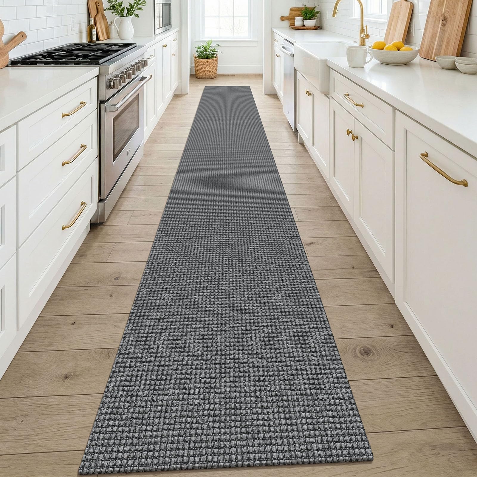 KOZYFLY Cotton 2x14 Runners Rugs for Hallway, Long Washable Runner Rug, Woven Non Slip Kitchen Runner, Flatweave Entryway Rug, Floor Carpet for Entry, Aisle, Hall, Grey/Dark Grey — image 1
