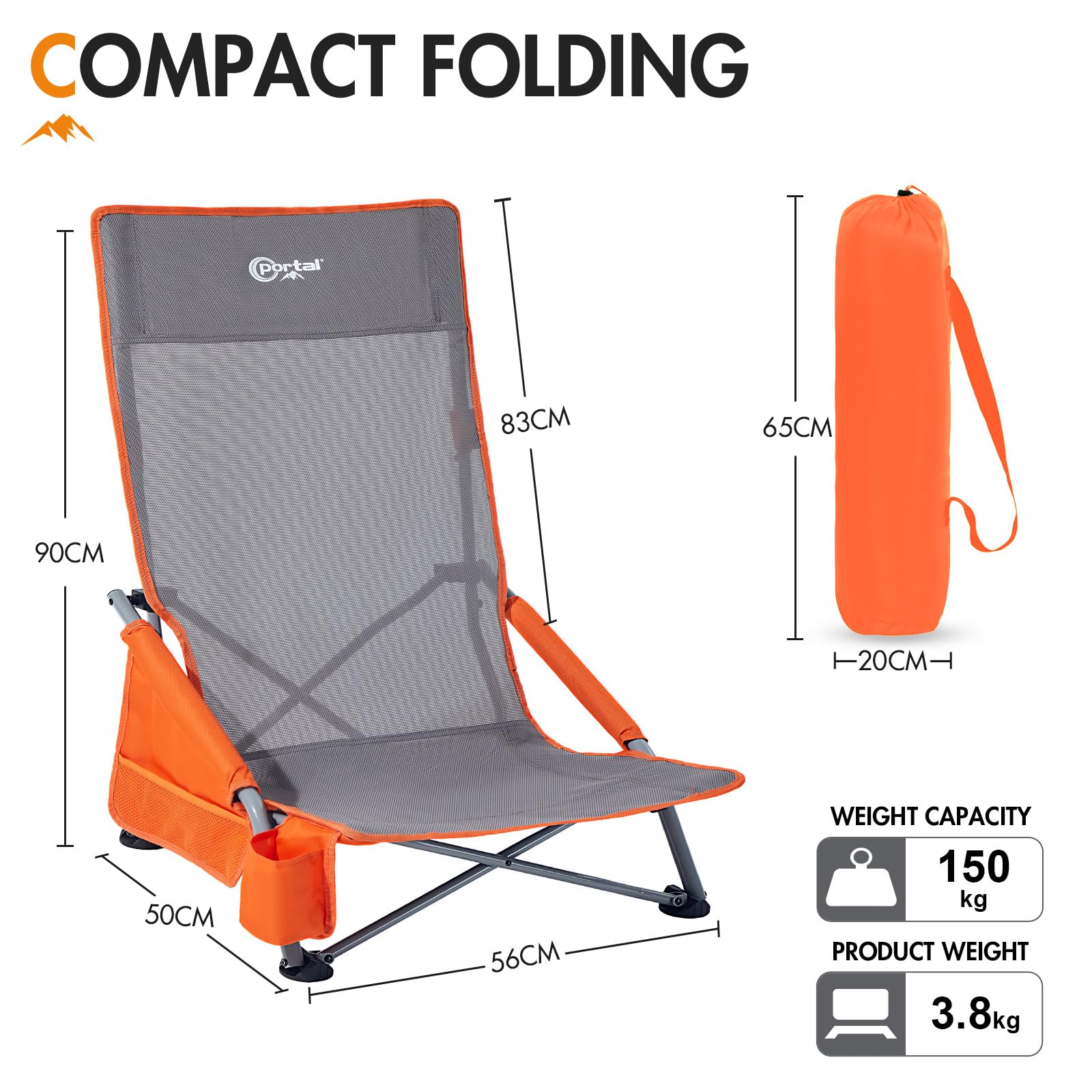 Portal Set di 2 sedie da spiaggia con schienale alto, leggere, basse, portatili per adulti, pieghevoli, per spiaggia, festival, picnic, sedia a sdraio, per esterni, con portabicchieri, rete