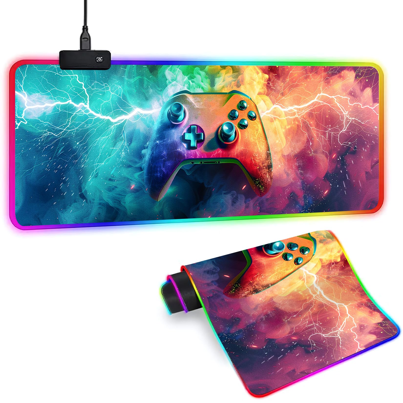 Tapis de souris de jeu à DEL XL avec 14 modes d'éclairage – Tapis de souris lumineux, 80 x 30 cm, antidérapant, style manette de jeu RVB, accessoires de jeu long et lumineux, noir