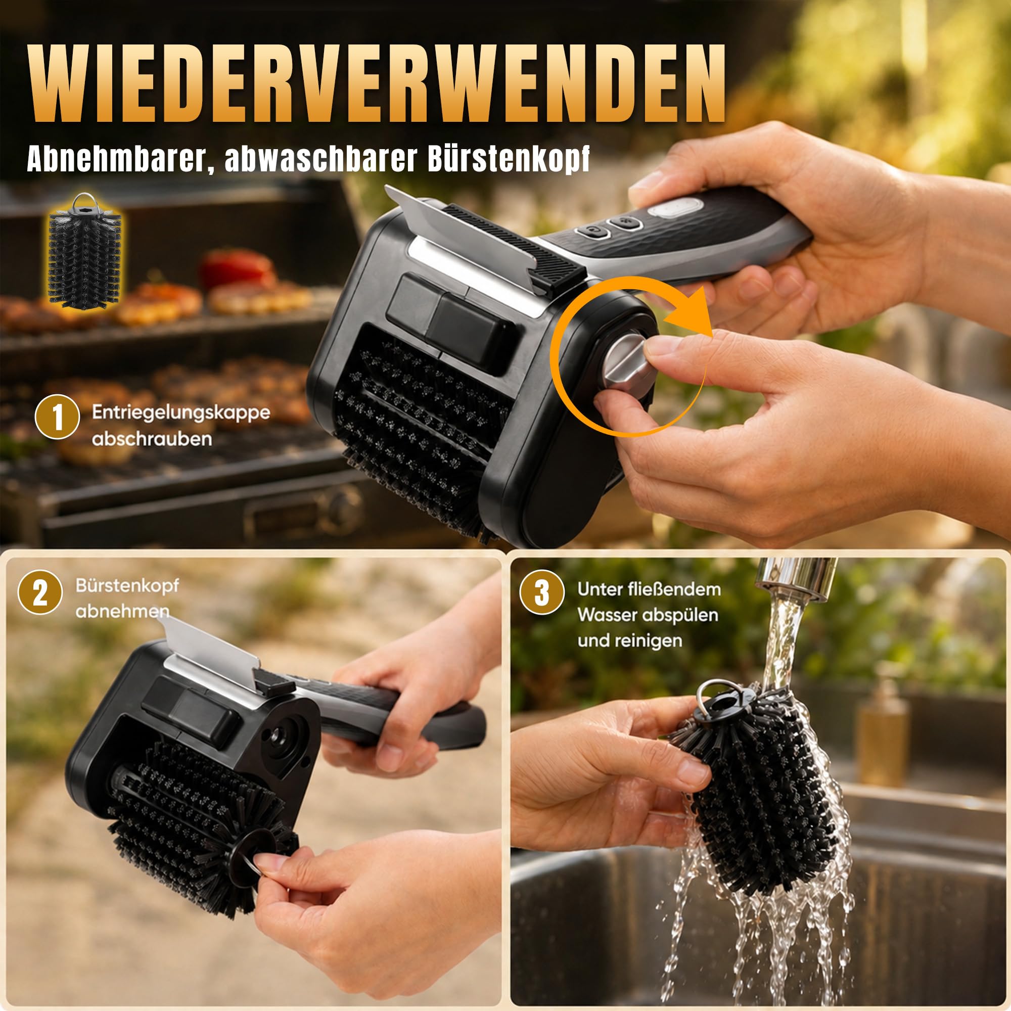 Elektrische Grillbürste Kabelloser mit LED-Licht & Führungsrolle, Schaber | 4000mAh Akku für 180-240 min Laufzeit, 500 RPM Hochleistung, BBQ Reinigungsbürste für Gasgrill Gussrost Elektrogrill