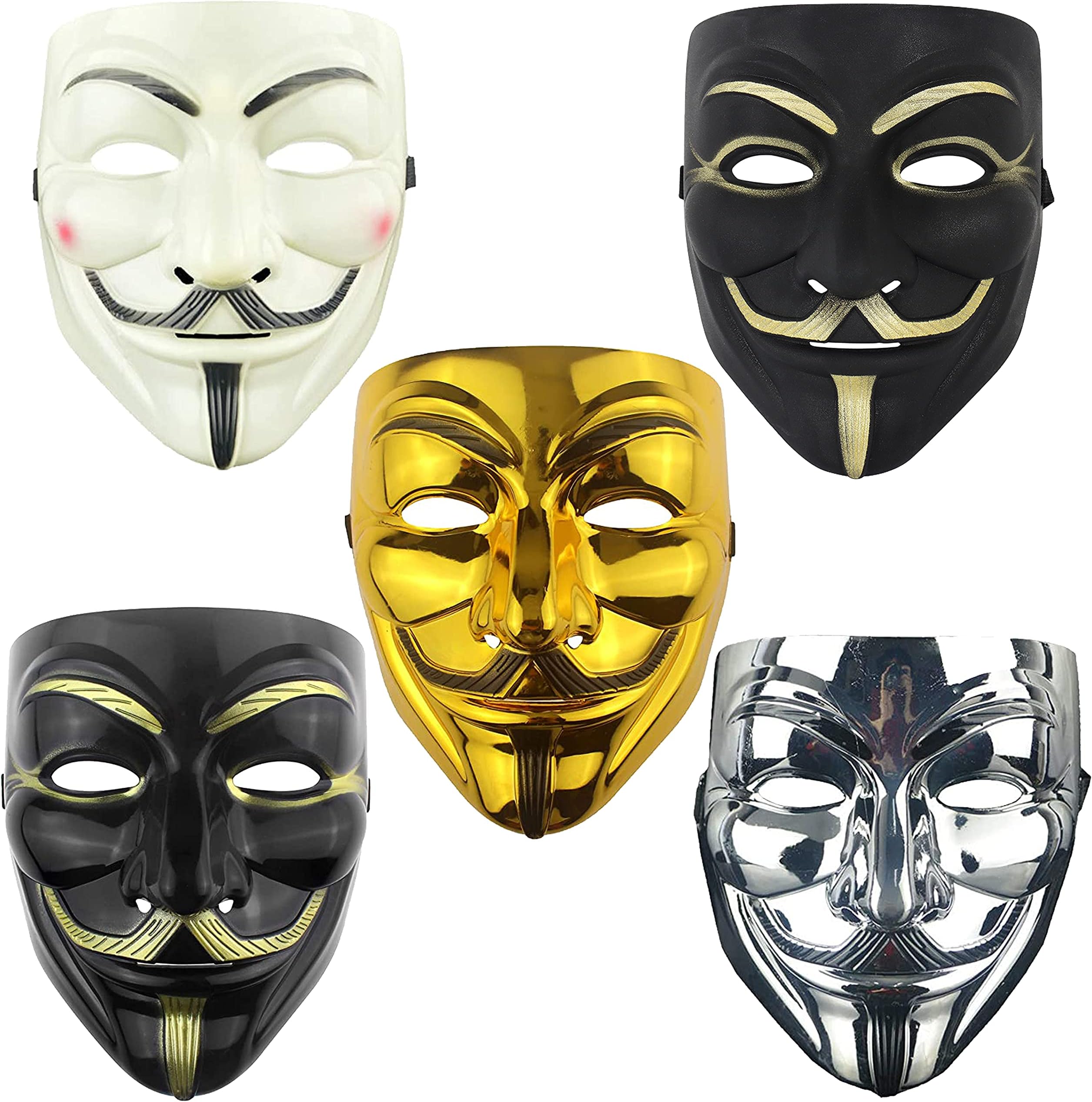DeHasion 5 Packs V Mask Halloween Mask Costume Cosplay Anonymous Masks Hacker mask/1*Gold/1*White/1*Silver/2*Black(5-Pack)