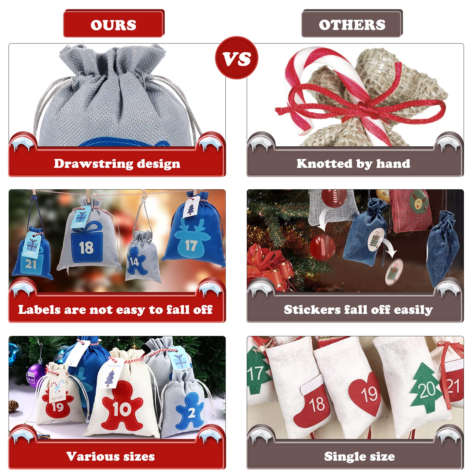 Cabilock Kordelzug-Taschen, 26 Stück/Set, dekorative Countdown-Taschen, Weihnachts-Adventskalender, kreative Weihnachts-Hängetaschen, Weihnachtsbaumschmuck