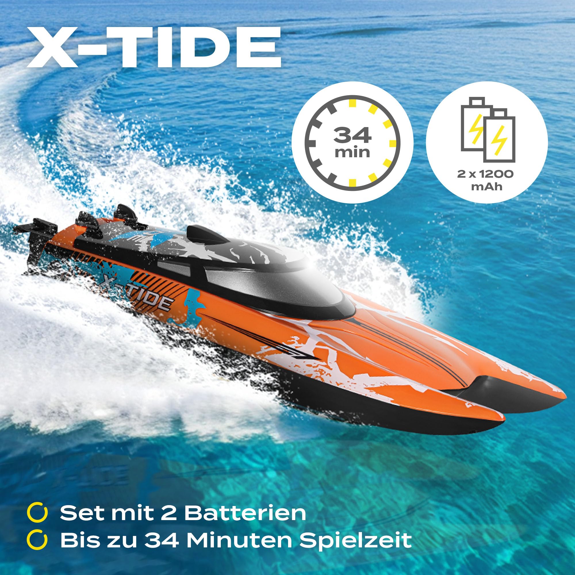 Overmax X-Tide Ferngesteuertes RC-Speedboat Rennboot mit LED 25 km/h 1200 | mAh Akkus 34 Minuten Spaß Geschwindigkeitsregulierung Reichweite bis zu 100 m, Schwimmbad- und Seespielzeug