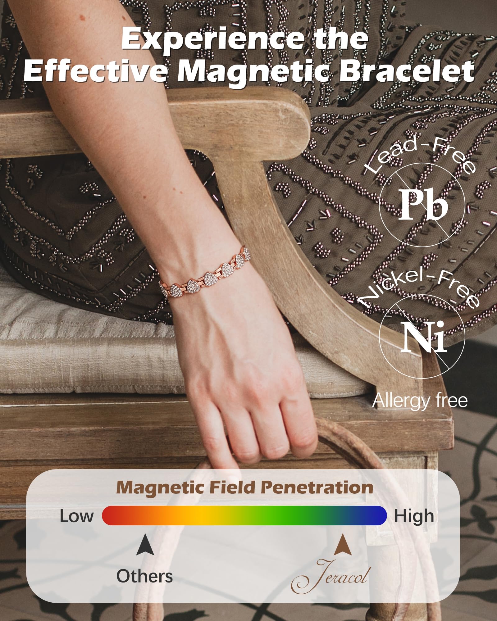 Jeracol Bracelet 99 % cuivre pour femme, bracelet en cuivre avec aimants et cristaux brillants, cadeau bijoux (or rose)