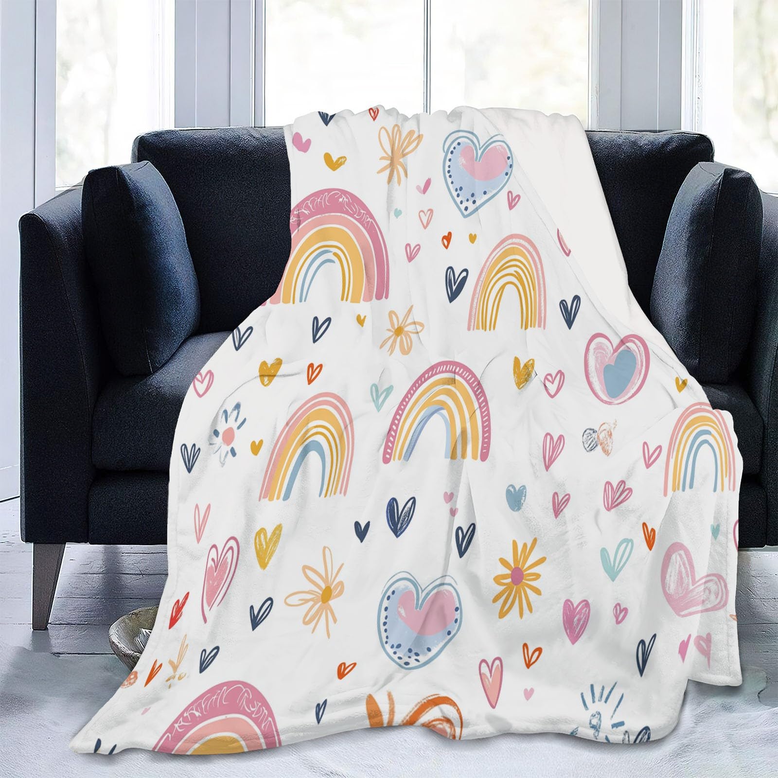 Manta de Forro Polar Rosa Azul Suave y esponjosa, Manta cálida para Cama Flores corazón arcoíris adorables para Dormitorio Sala de Estar Oficina 180 x 220 cm