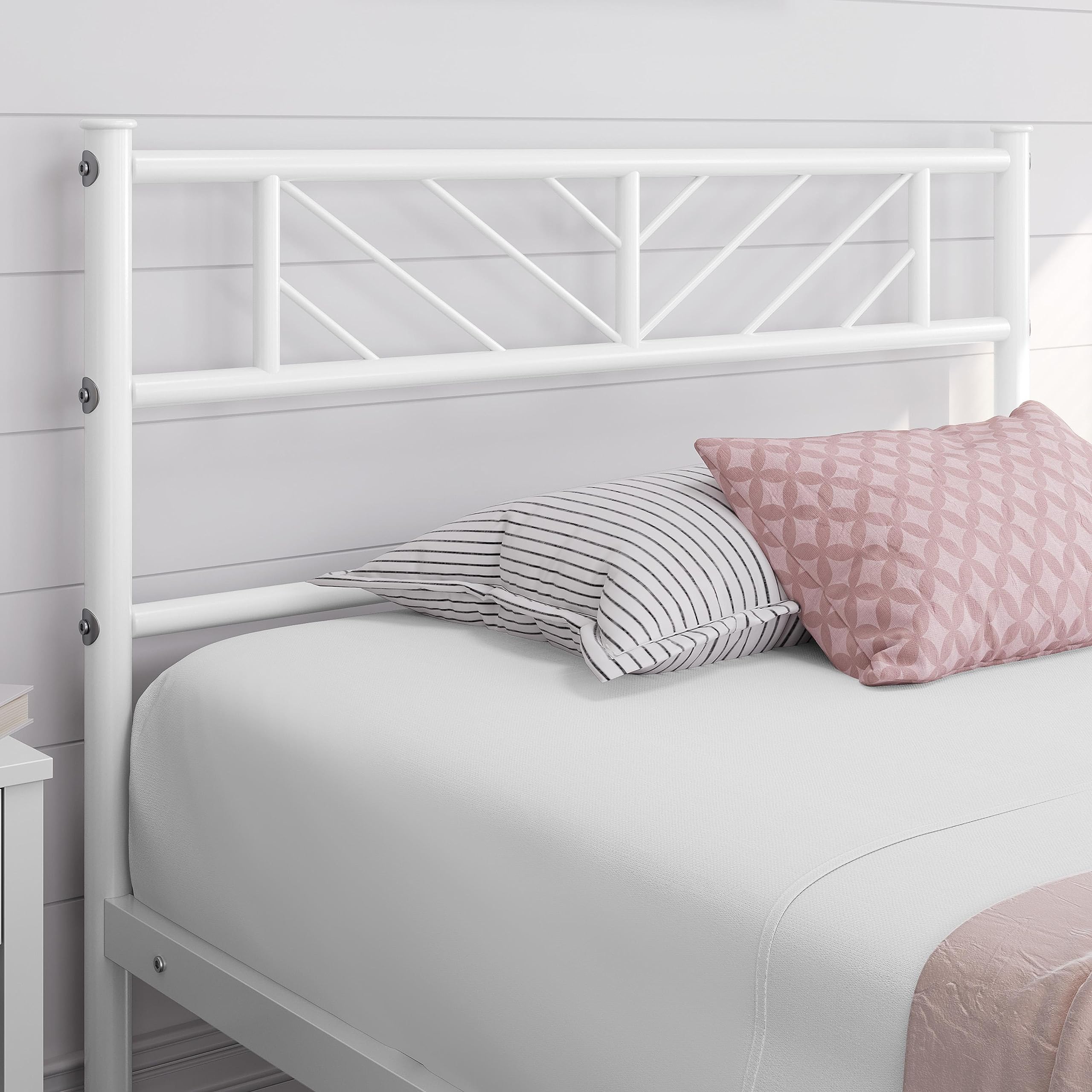 Yaheetech Metallbett 90 x 200 cm Minimalistischer Bettrahmen mit Kopfteil Gästebett mit Lattenrost für Schlafzimmer Gästezimmer 32cm Höhe unter dem Bett Weiß