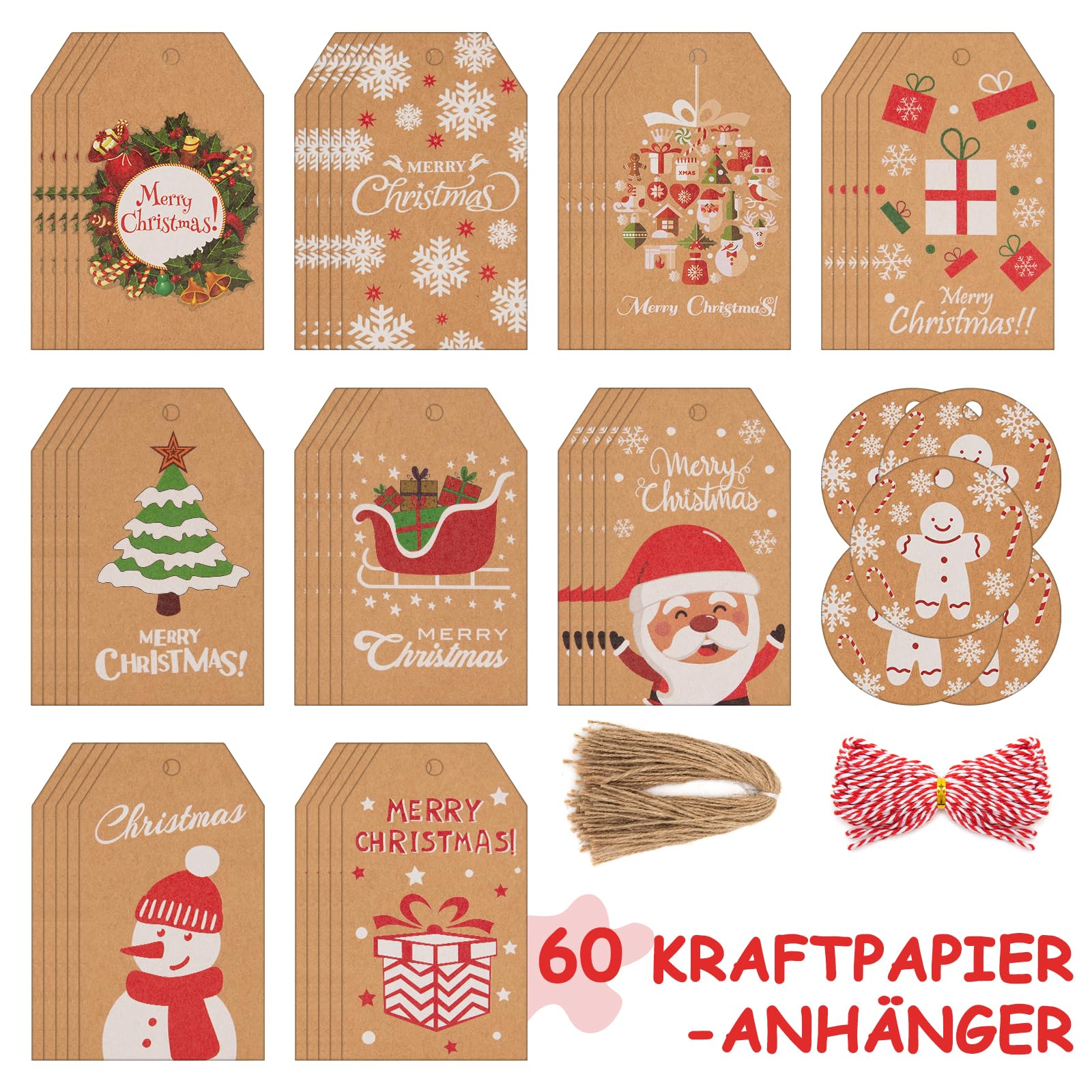 JchEnye 50 etichette regalo natalizie con cordoncino di iuta incluso, 10 modelli di etichette regalo natalizie, decorazioni regalo festive, etichette