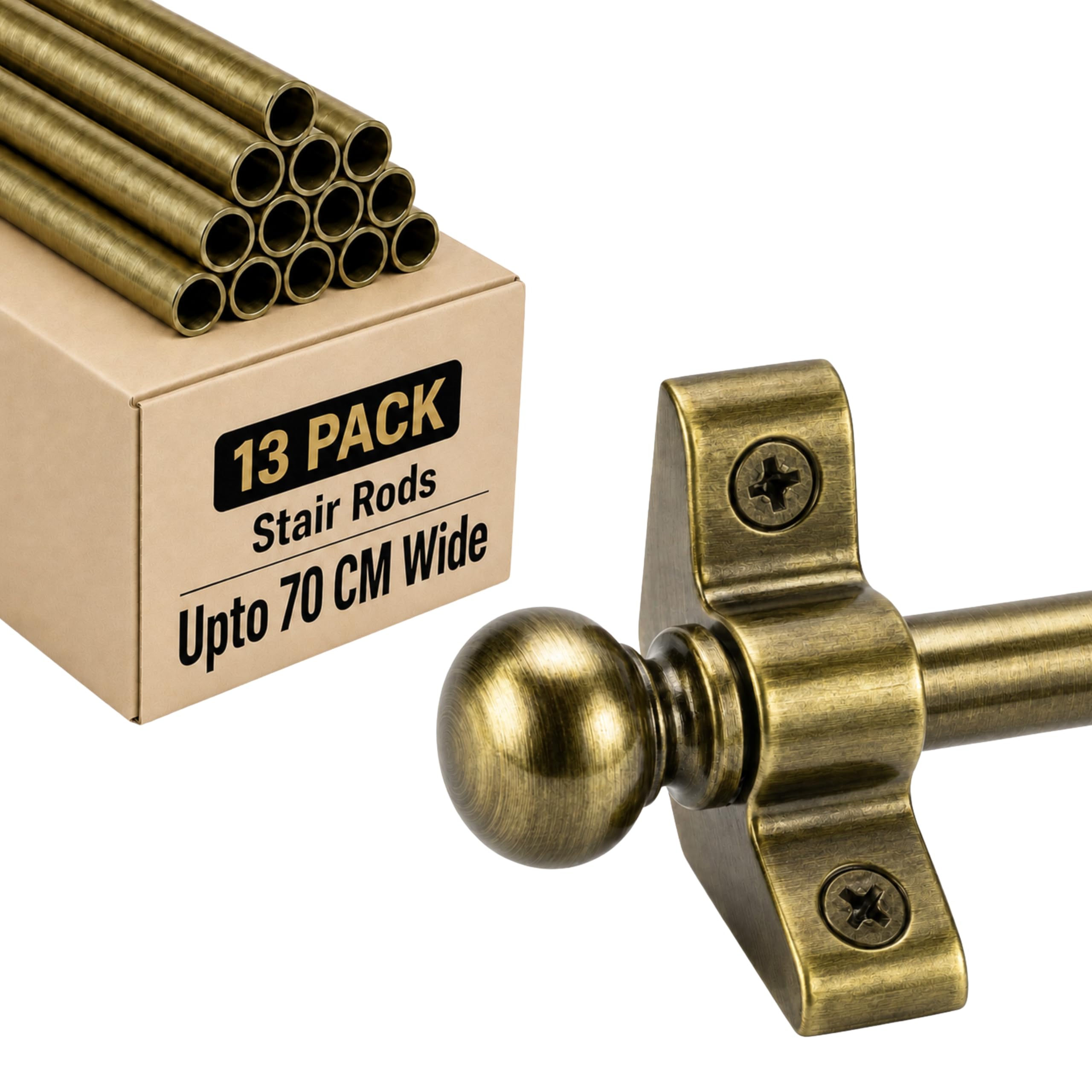FROSHKAR Stair Rods for Runners Pack 13, Antique Brass Finish - for Runners Up to 70 cm Wide, Cut to Size, Decorative Carpet Stair Rods, Round Finials with Fixings