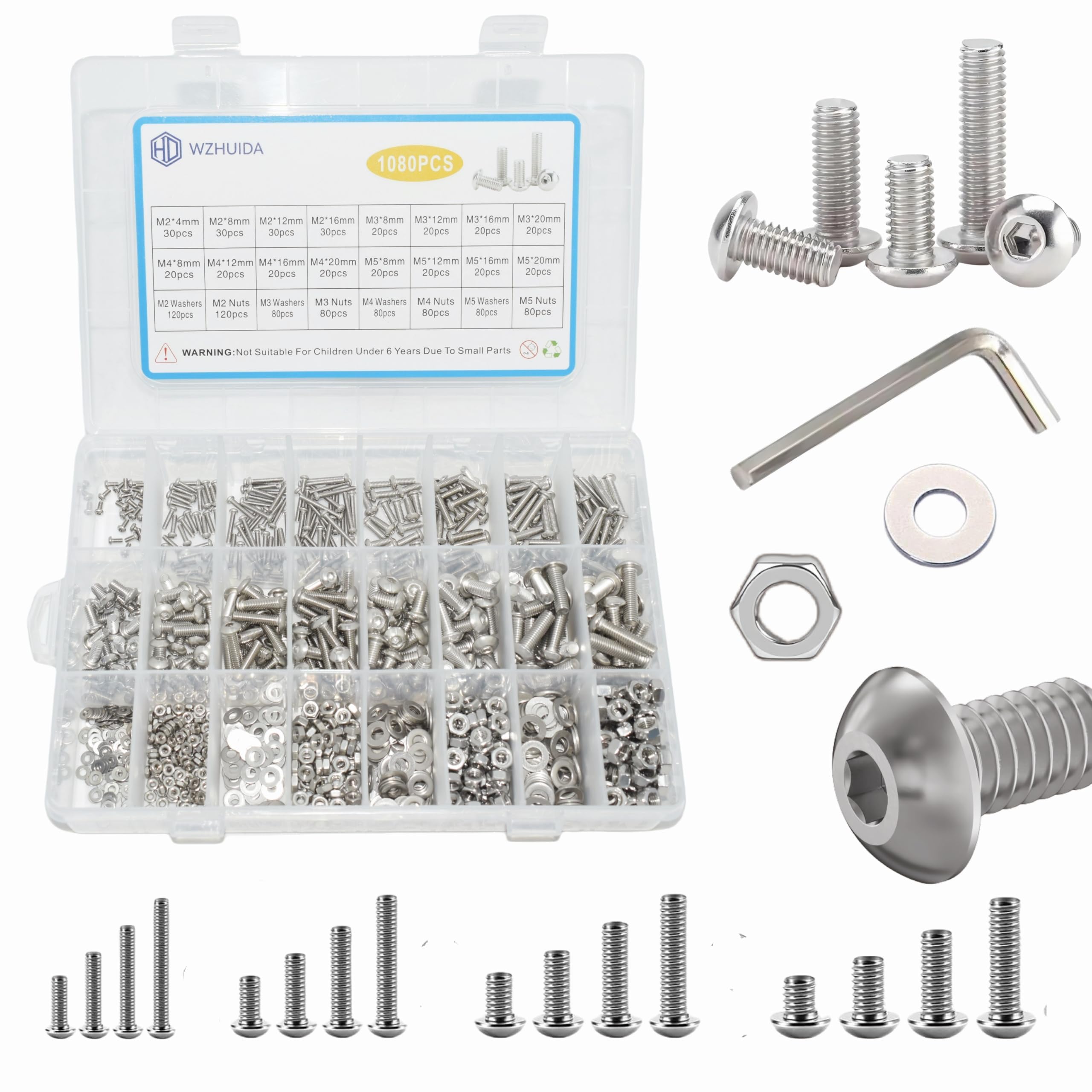 WZHUIDA 1080 Pcs M2 M3 M4 M5 Screw Assortment, Metric Hex Socket Button Head Bolts, Stainless Steel Screws Nuts and Washers with 4 Hex Allen Wrenches,