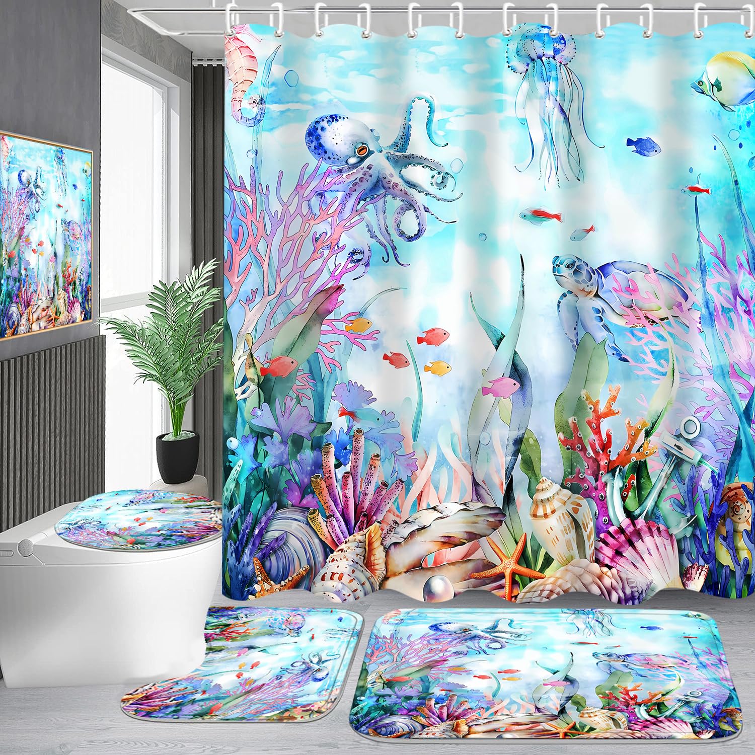 Pretyw Blue Ocean Seaworld Shower Curtain Set
