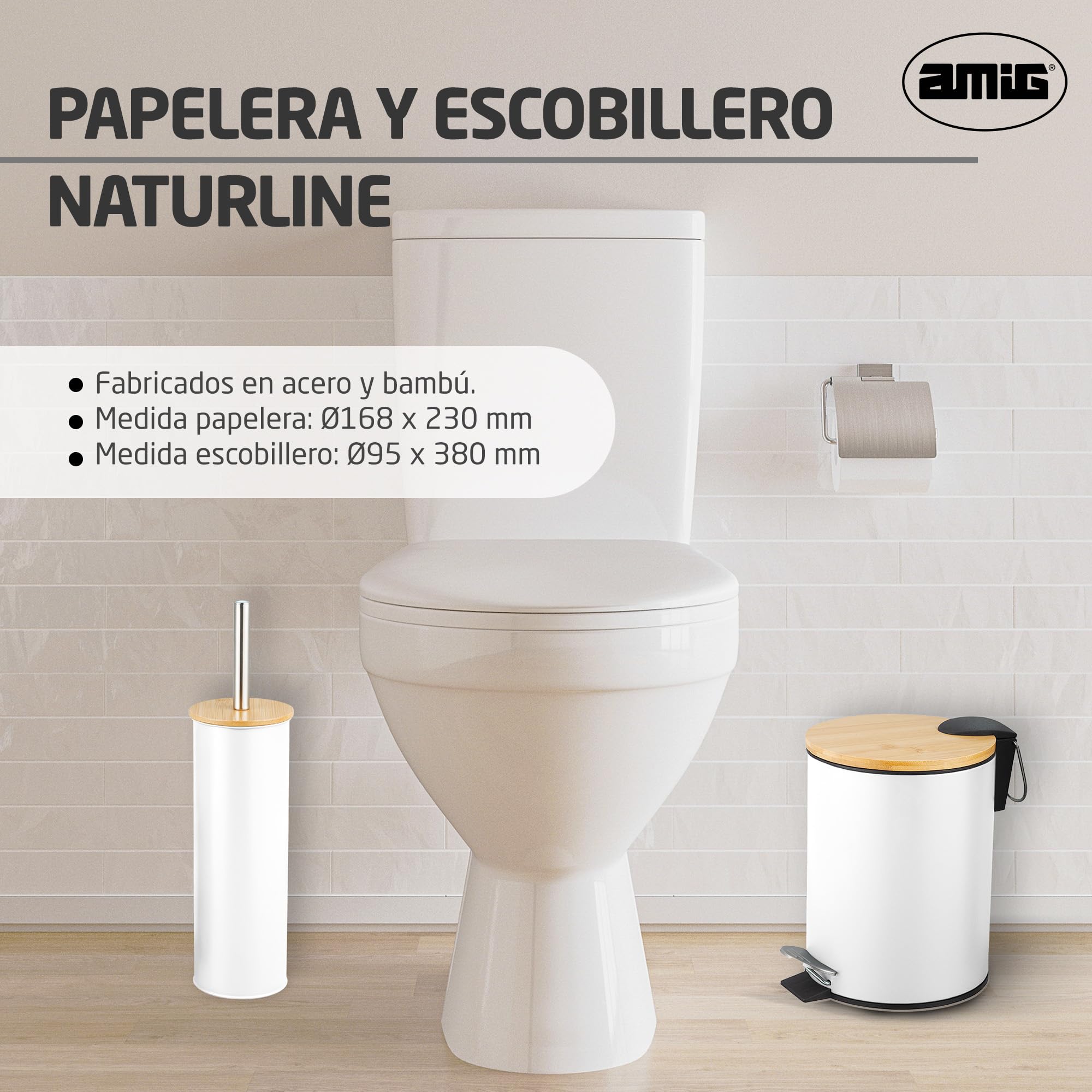 Amig - Pack de Papelera y Escobillero Naturline - Ø168 x 230 mm - Acero y Bambú - Color Blanco - Juego de Baño Compacto y Coordinado - Ideal para Espacios Modernos y Naturales