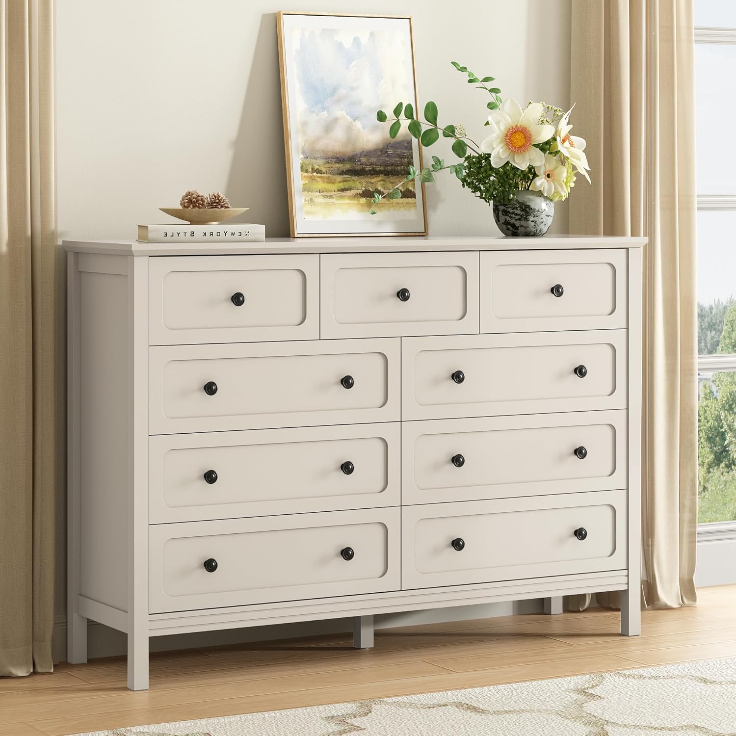 CARPETNAL Beige Dresser for Bedroom, 55" Wide 9 Drawer Dresser with Metal Handles and Deep Drawers, Modern Large Wood Chest of Drawers for Living Room, Hallway.