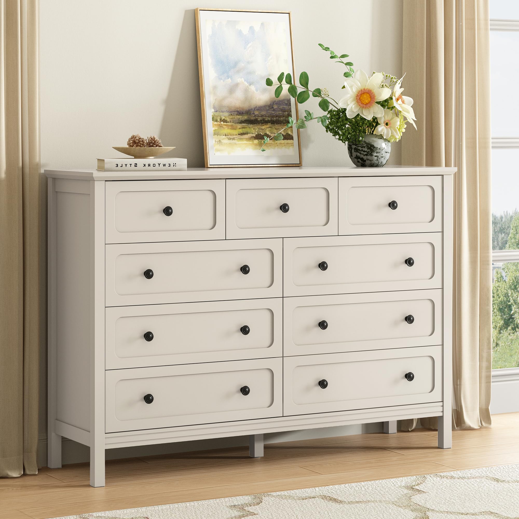 CARPETNAL Beige Dresser for Bedroom, 55" Wide 9 Drawer Dresser with Metal Handles and Deep Drawers, Modern Large Wood Chest of Drawers for Living Room