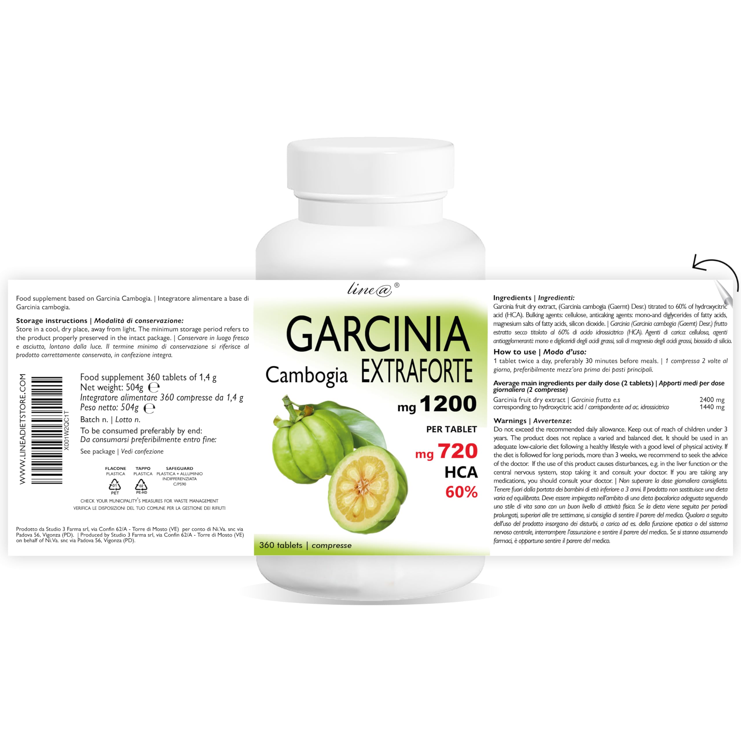 GARCINIA CAMBOGIA EXTRAFORTE 1200mg pro Tablette - 360 Tabletten - 100% PURE (720mg HCA pro Tablette) 100% NATURAL - ITALIENISCHES PRODUKT
