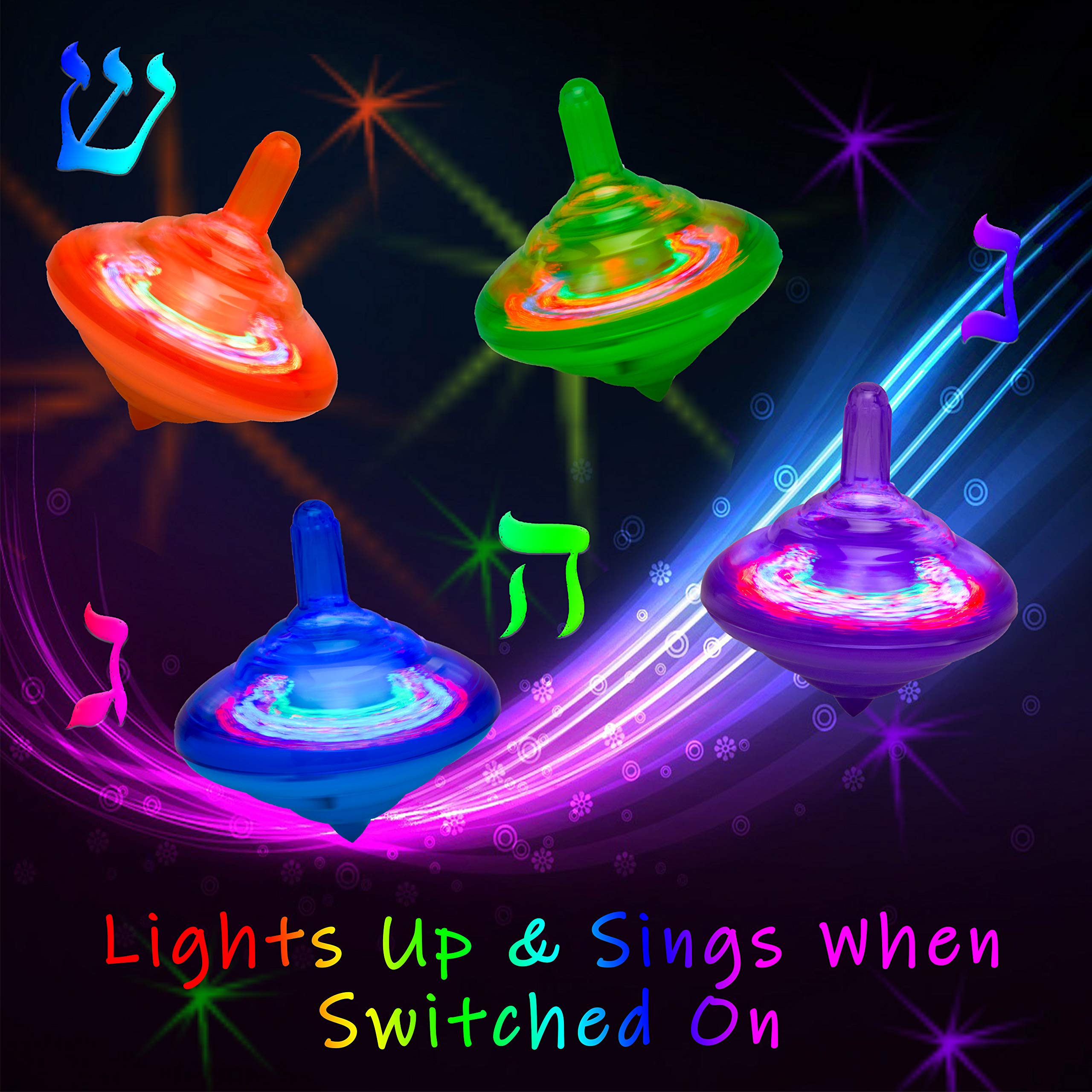 Dreidel-Set mit Musik, beleuchtet, Hanukkah-Kreisel, spielt 2 klassische Chanukka-Songs – verschiedene Farben (4 Stück)
