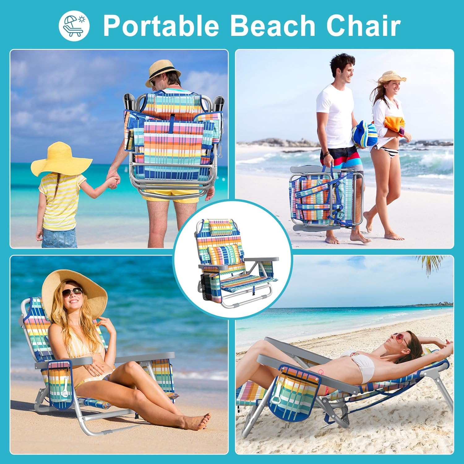 Suteck Beach Chair, Adjustable 5-Position Backpack Beach Chairs for Adults Kids, Foldable Lay Flat Chair with Cooler Bag, Cup Holder and Lumbar Pillow, Reclining Lay Down Chairs (Blue&Yellow)