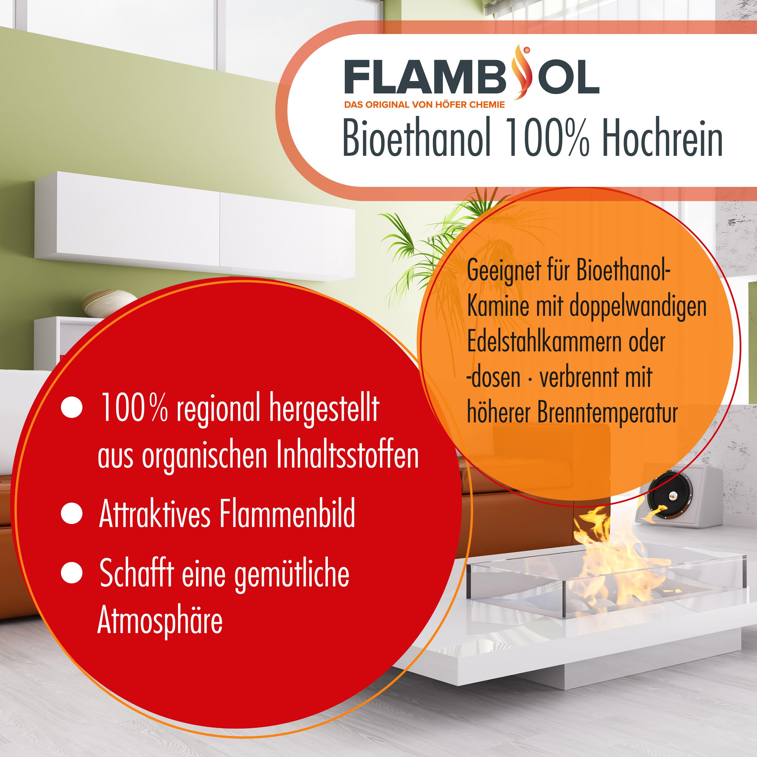 FLAMBIOL 4 x 20 L Bioethanol 100% für Ethanol Kamin, Ethanol Feuerstelle, Ethanol Tischfeuer und Bioethanol Kamin von Höfer Chemie
