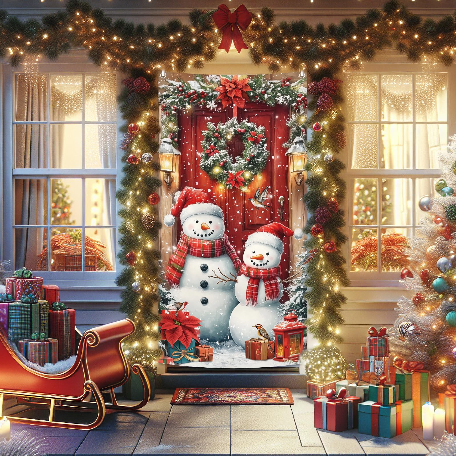 MEHOFOND 2.95x6ft Christmas Snowman Door Decorations Banner Snowman Christmas Decorations Winter Front Door Banner Porch christmas Decoration Outside Xmas Family Party Photo Background Props - Image 3
