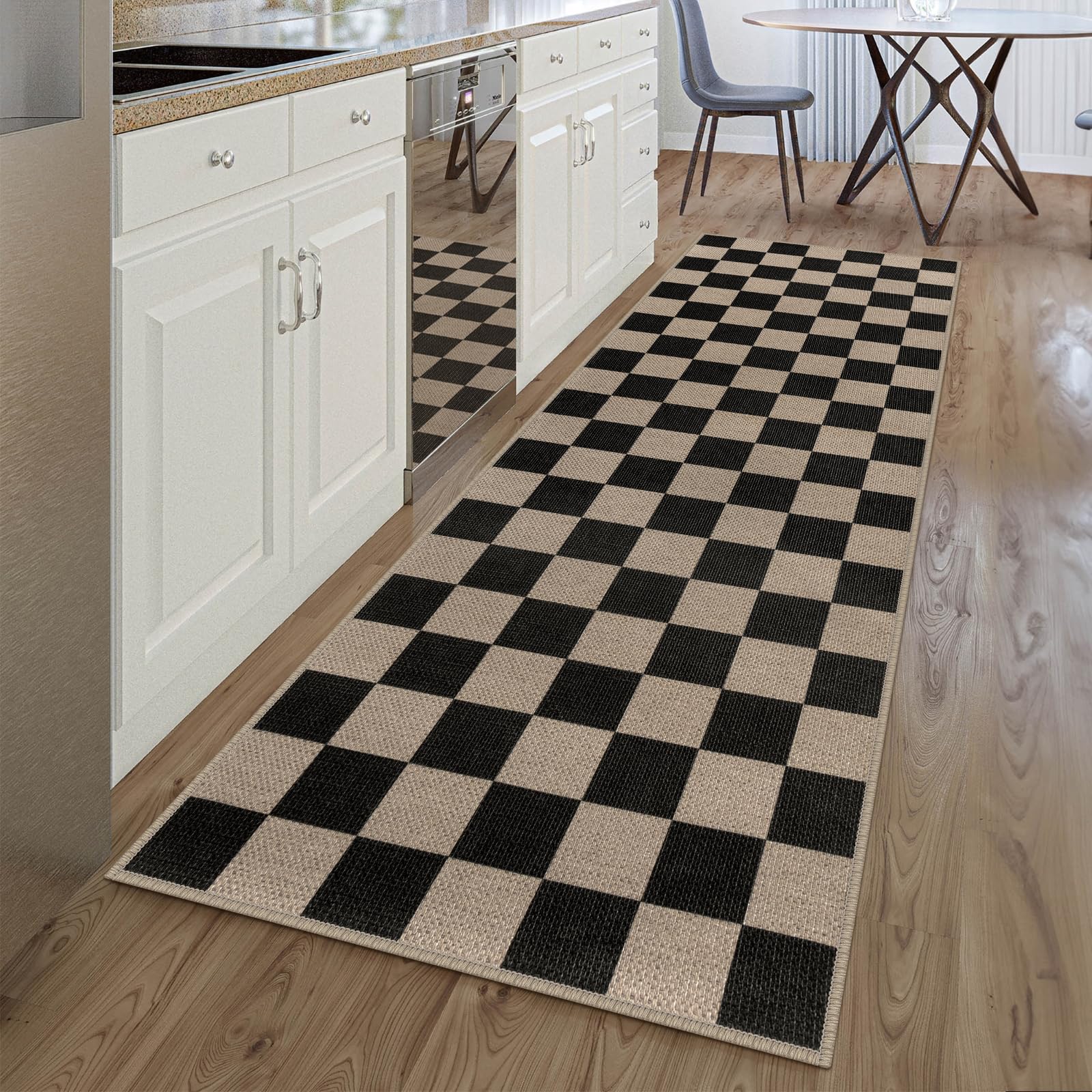 Rugalia Easy Jute Checkered Runner Rug, 2.6x8 Black Modern Washable Rugs Runner for Hallway Non-Slip Kitchen Runner Rug, Geometric Checkerboard Indoor