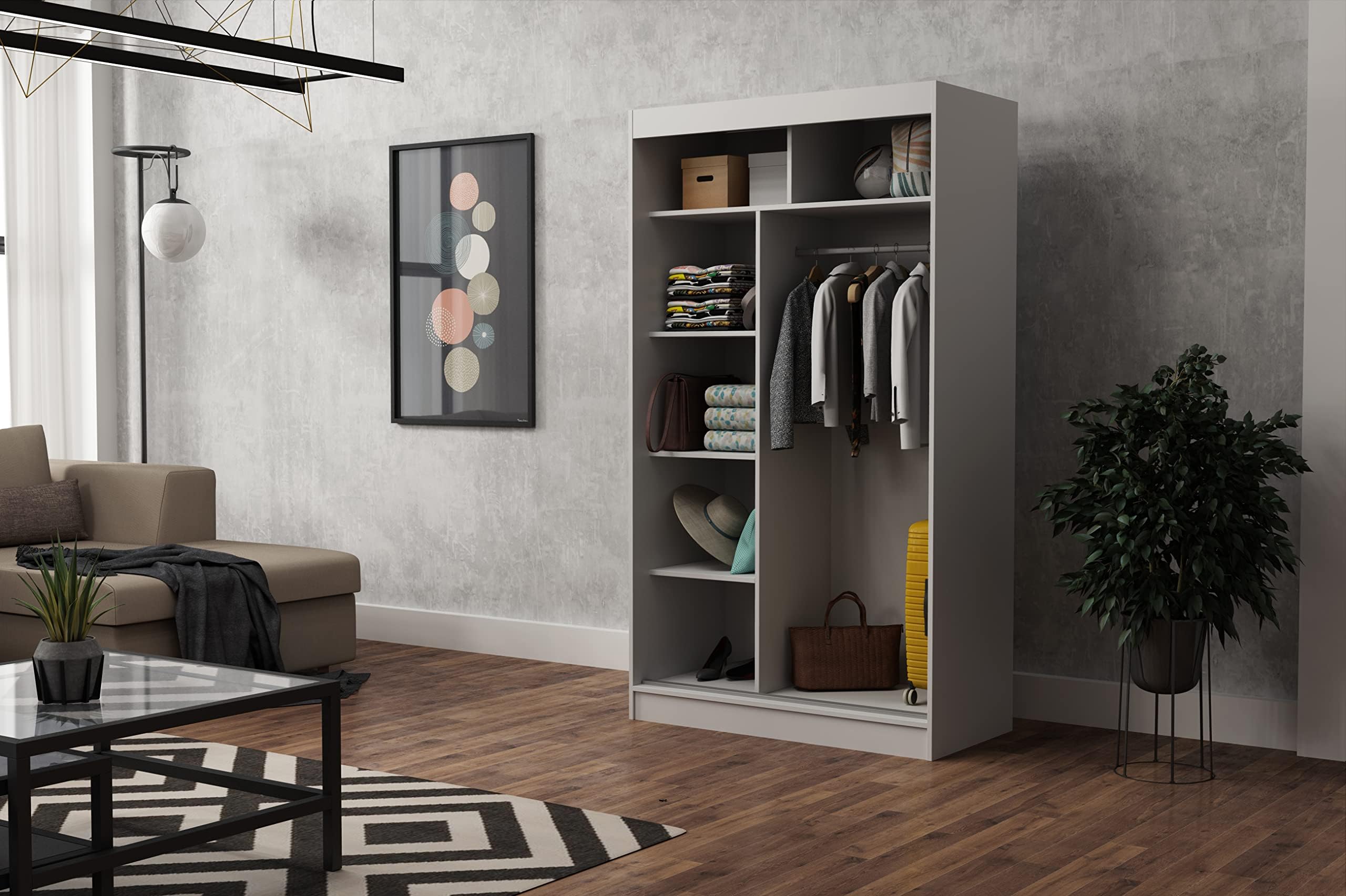 Brent - Kleiderschrank mit Spiegel Tom, 100cm Breit, Schlafzimmerschrank mit 1 Kleiderstange und Einlegeböden für Kleidung, Kleiderschrank Weiß