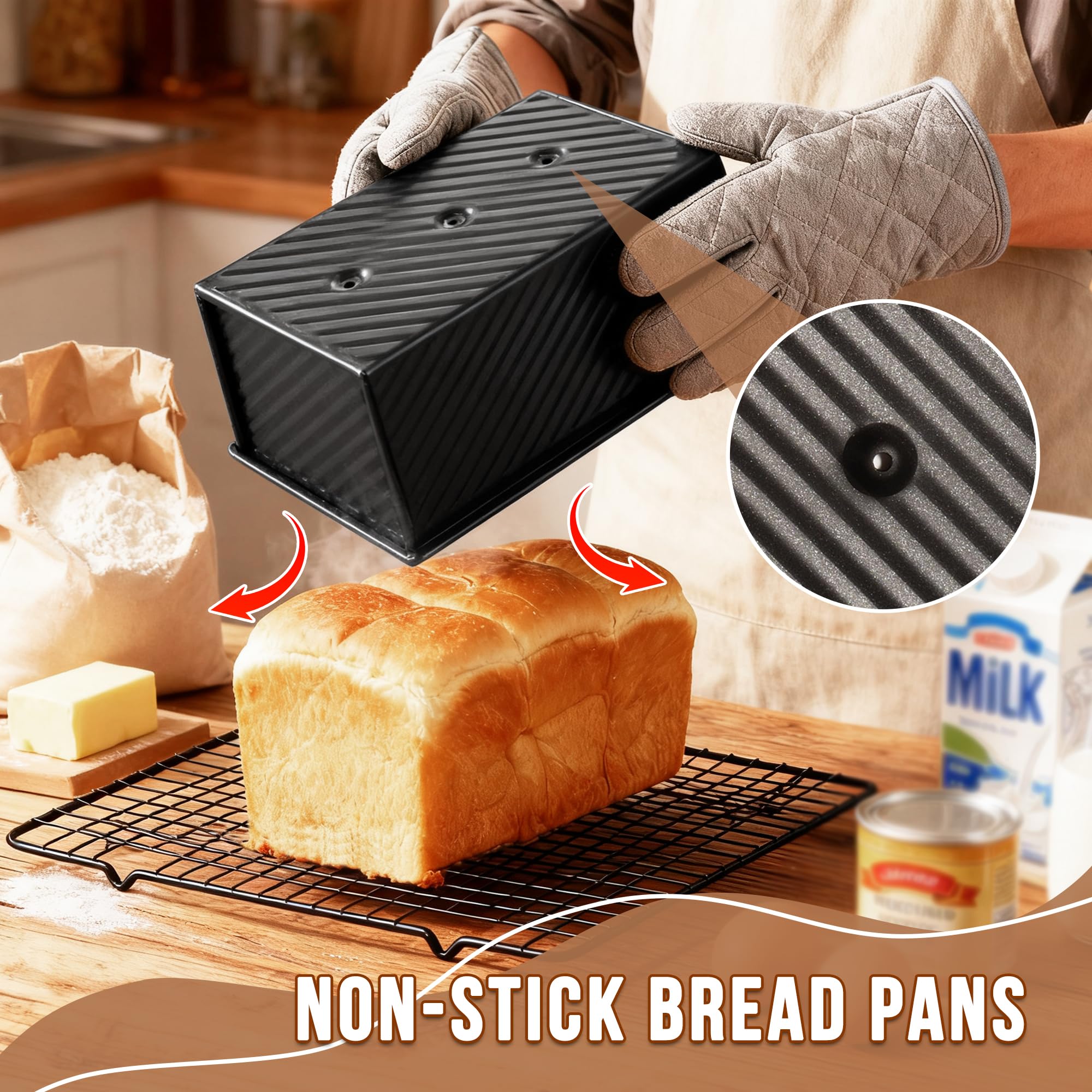 2 Pezzi Stampo Pane in Cassetta, Stampo per Pagnotta con Coperchio, Teglia Antiaderente Per Pane in Cassetta, Toast, Panino, Torta, 450g di Pasta (Nero)