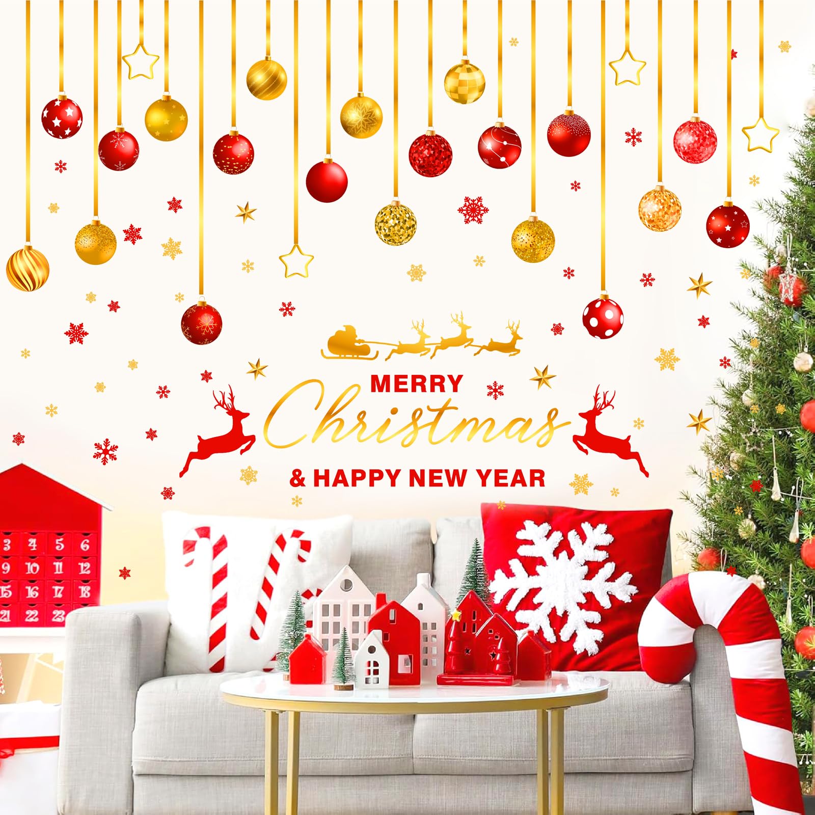 Autocollants muraux clochette de Noël Merry Christmas géant flocon de neige rouge et or