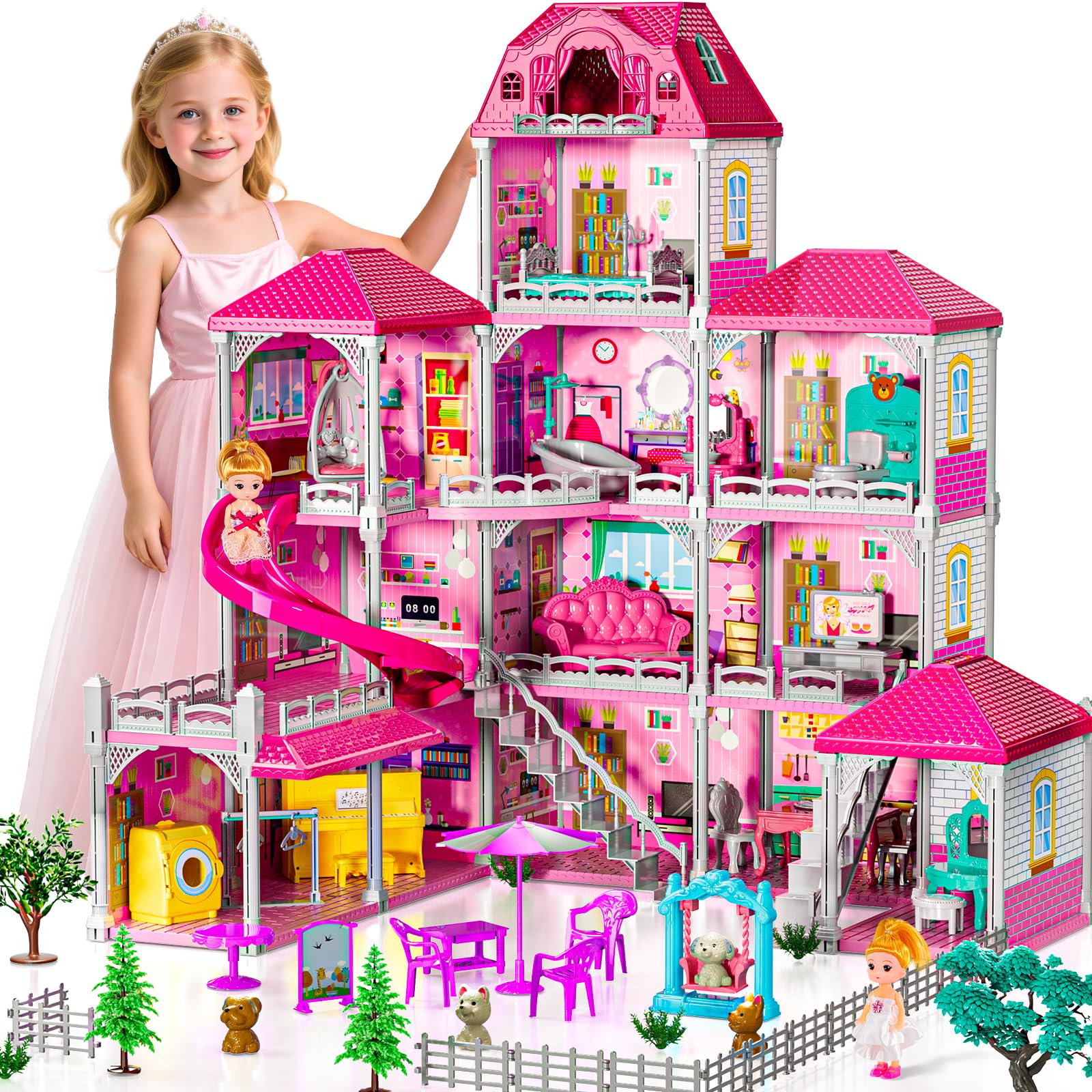 JUKUDAHU Villa Playset for Girls Ages 3-7, 4-Story 12 Room House with 2 Dolls, Furniture and Accessories, Indoor Playset Girls Toys for Ages 6-8, Pretend Toddler Toy, Birthday Gifts for Kids 4-8