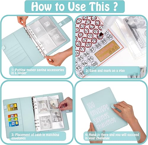 Miniatura 6 de Carpeta de desafíos de ahorro de dinero con 100 sobres, carpeta de presupuesto A5 con sobres de efectivo, libro de desafíos de ahorro para ahorrar
