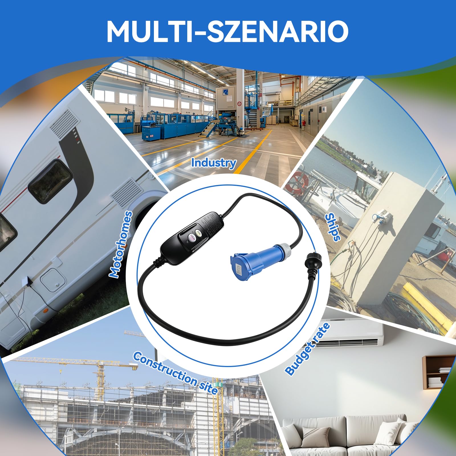 Cable Adaptador Schuko a CEE de 150 cm, 230 V, con Protección contra Fugas, Clase de Protección IP44/IP55, para Autocaravanas, Coches Eléctricos, Camping y Remolques de Construcción