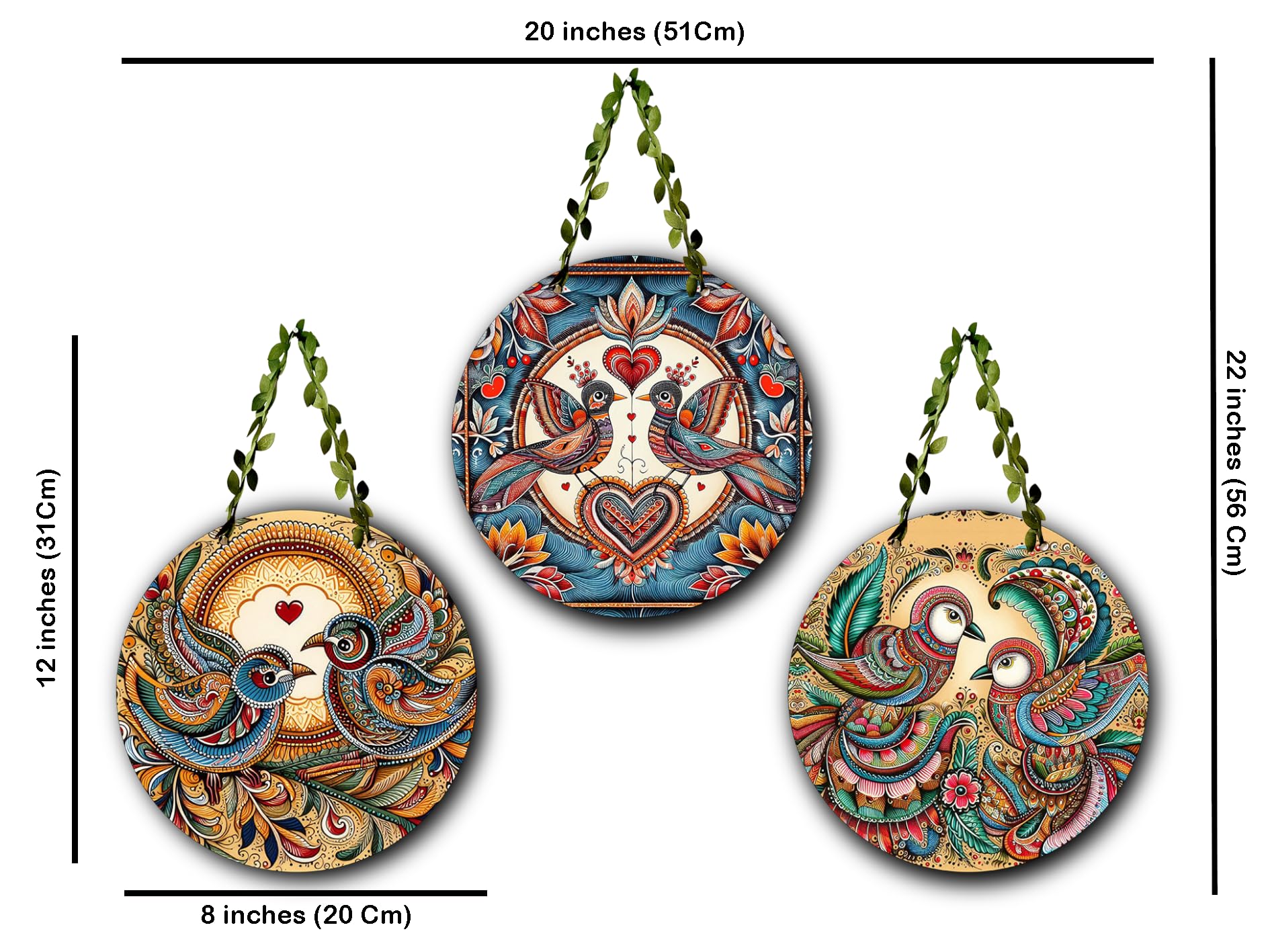 MDA Ethnic Love Bird Wall Hanging Set β Round Decorative Wall Plates for Home & Living Room | Wall Art Decor Items | Birds-Cir-(Set of 3)