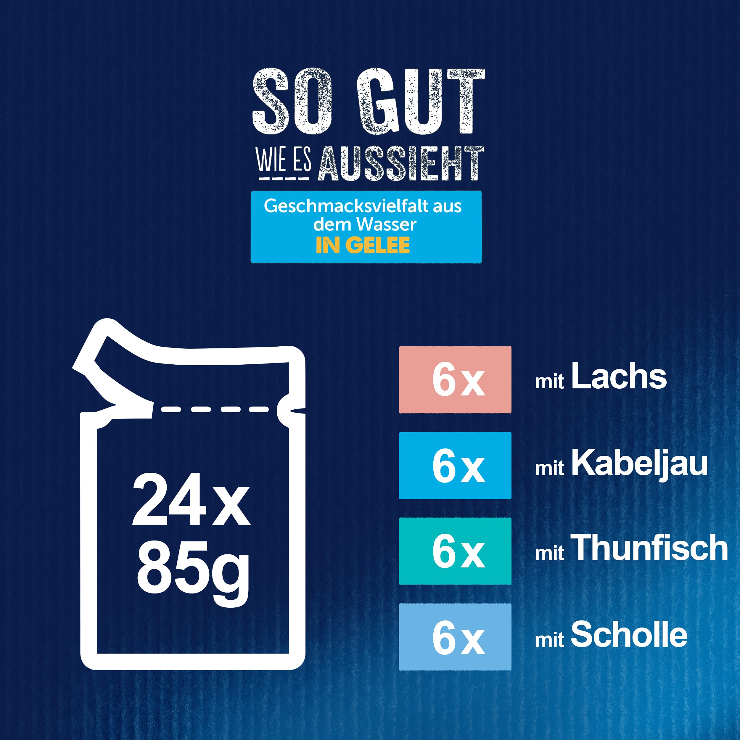 FELIX So gut wie es aussieht Nassfutter für Katzen Geschmacksvielfalt aus dem Wasser, 24 praktische Portionsbeutel, zarte Stückchen in Gelee, 4 leckere Sorten, 100% vollständige Ernährung