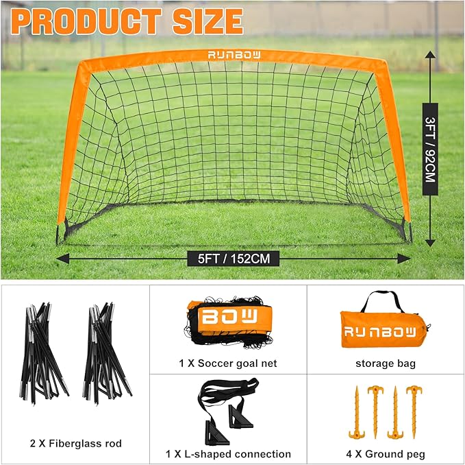 The goal net is durable and strong, able to withstand repeated shots and kicks without tearing or breaking. It provides a safe and fun way for children to enjoy the game of soccer while improving their coordination, agility, and teamwork skills. Overall, the RUNBOW 5x3 ft Portable Kids Soccer Goal is a great addition to any backyard or outdoor space for young soccer enthusiasts to play and have fun. Description by ChatGPT.