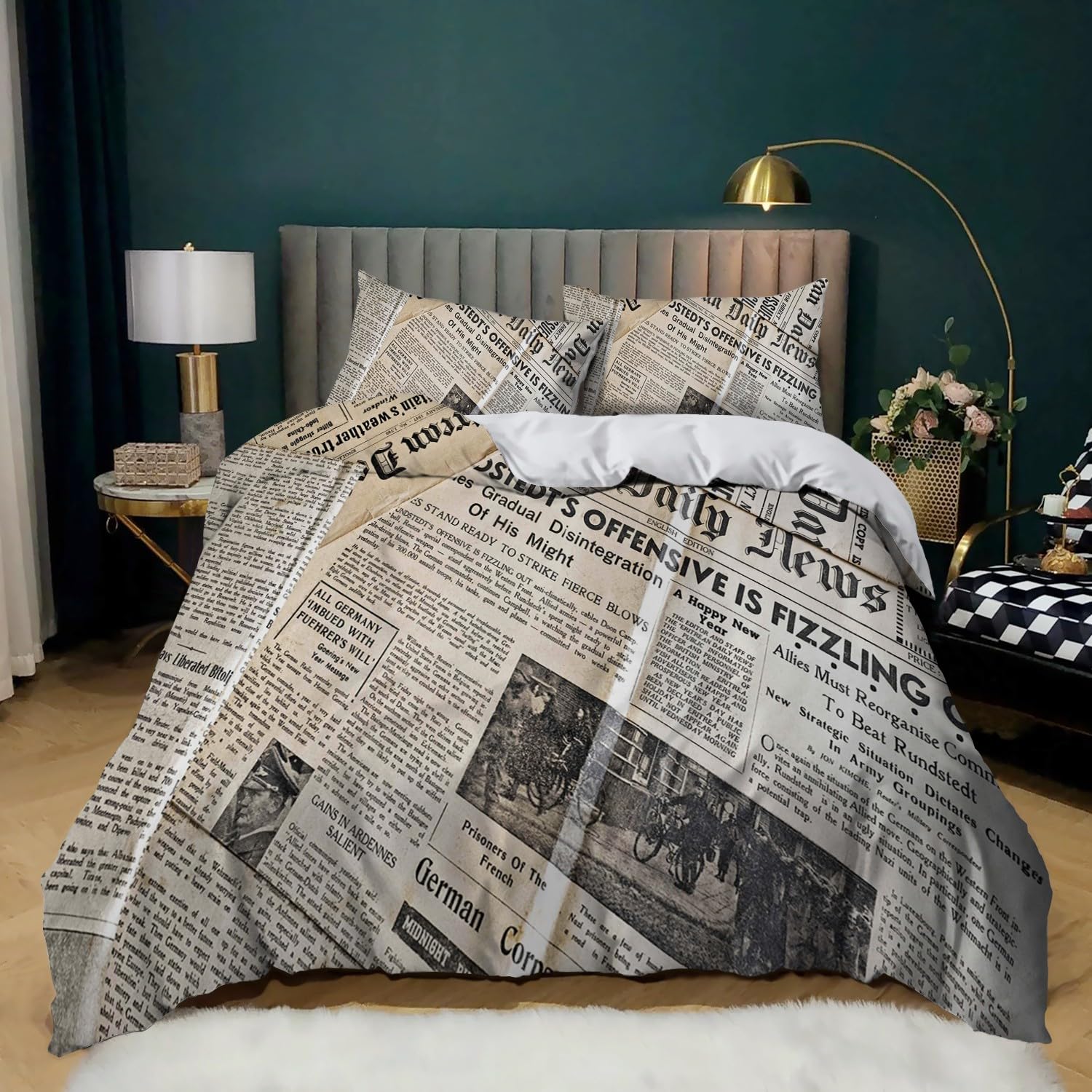 Housse de couette 240x260 cm motif newspaper en microfibre imprimée avec 2 taies