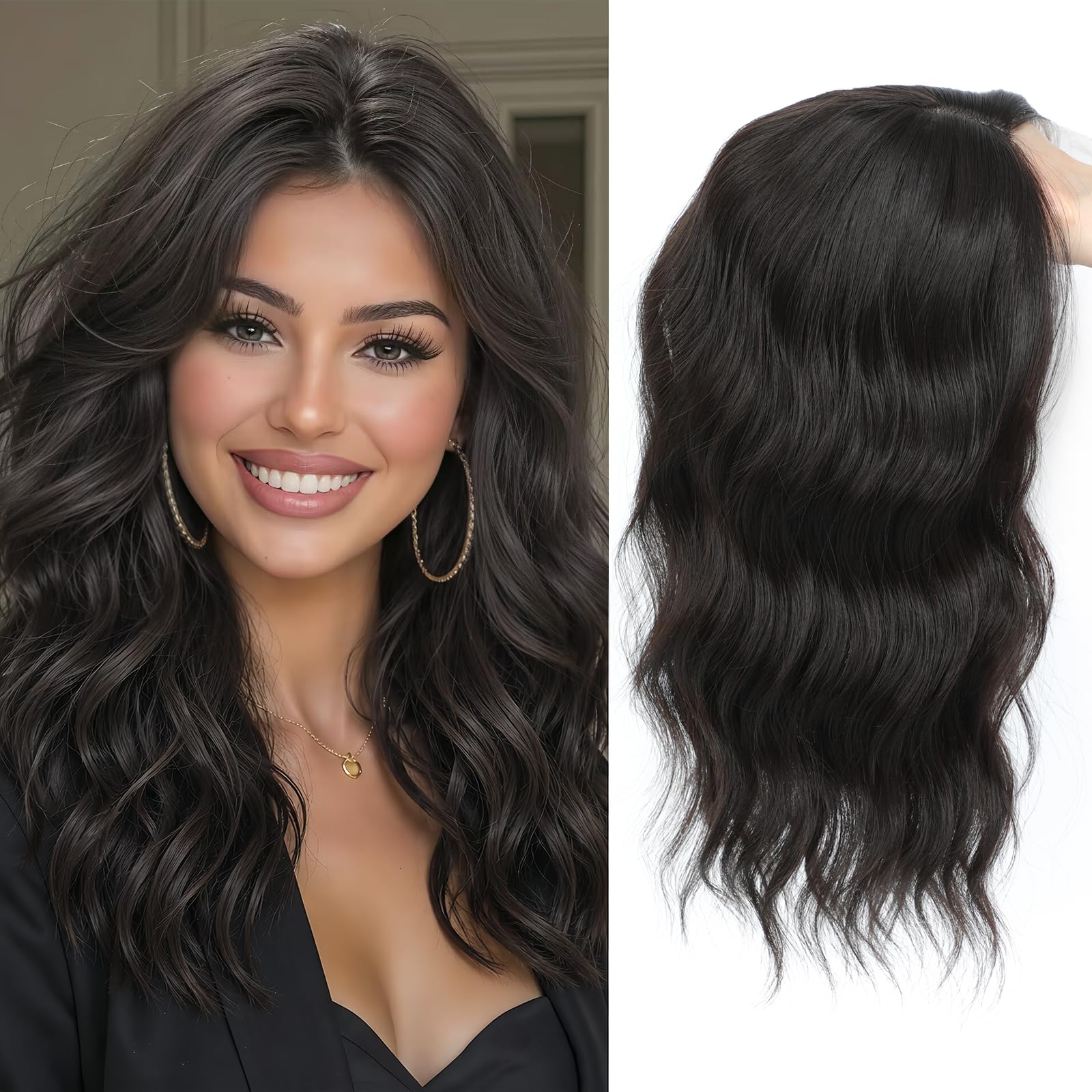 Photo 1 of 16 Inch Hair Topper for Women with Thinning Hair, Synthetic Curly Wavy Clip-In Topper with Curtain Bangs Natural Looking Crown Coverage Lightweight Hair Piece for Volume(Dark Brown)