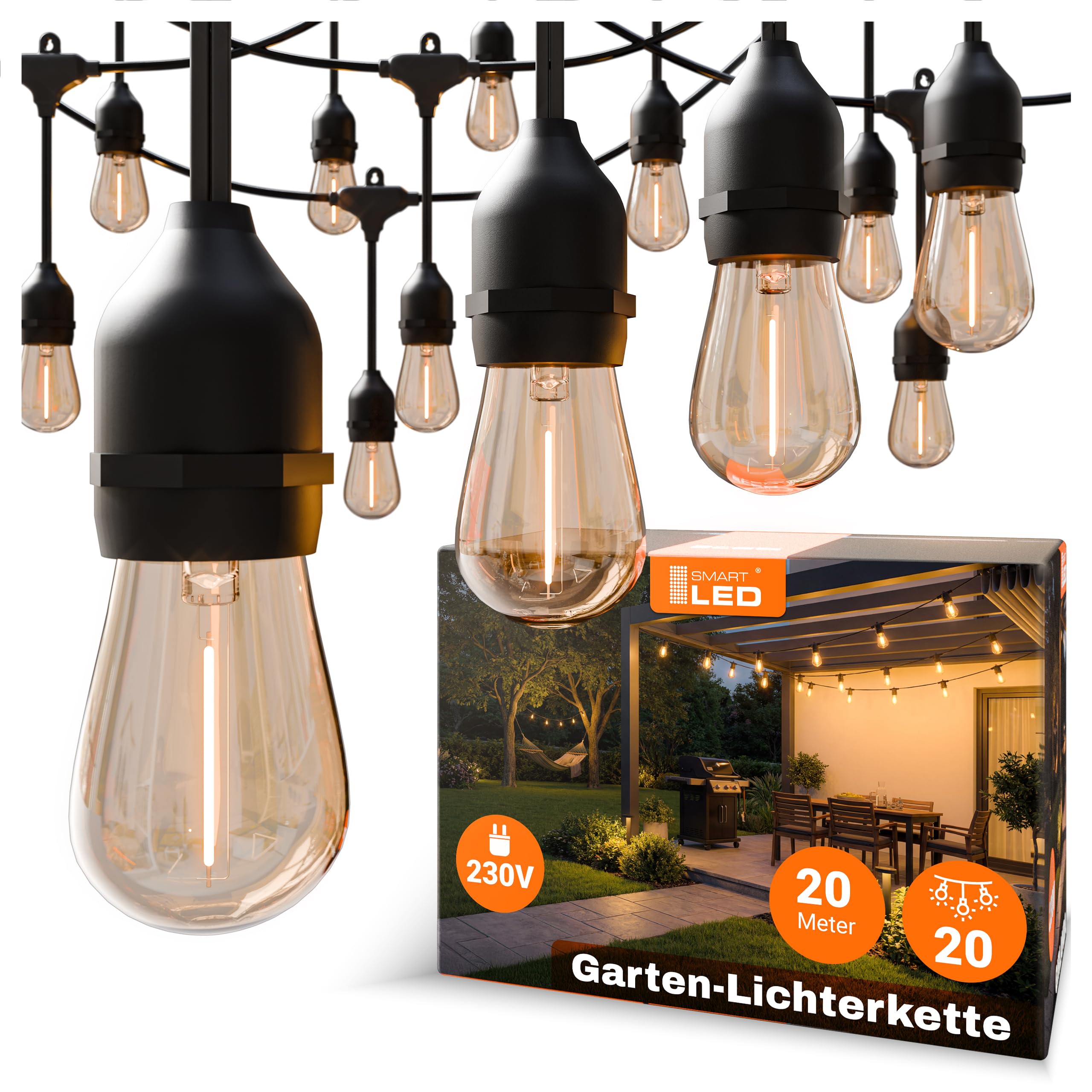 Lichterkette Außen Outdoor LED Strom,20M Außenbeleuchtung mit Stecker, 20 Glühbirnen, IP65 Wasserdicht Wetterfest Lichterkette Glühbirnen für Garten Terrasse Party Weihnachten, Warmweiß,2 Ersatzbirnen