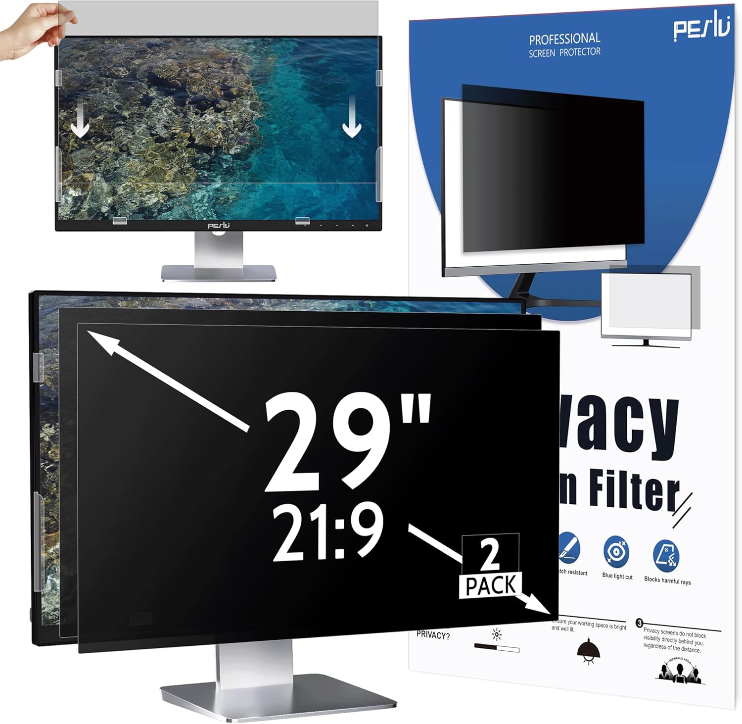 [2 Pack] 29 Inch Privacy Screen for Computer Monitor 21:9 Aspect Ratio, Eye Protection Anti Blue Light Glare Shield, 29inch Removable Black Blackout Anti Spy Desktop Security Private Filter 2 Pack for 29 Inch 21:9 Aspect