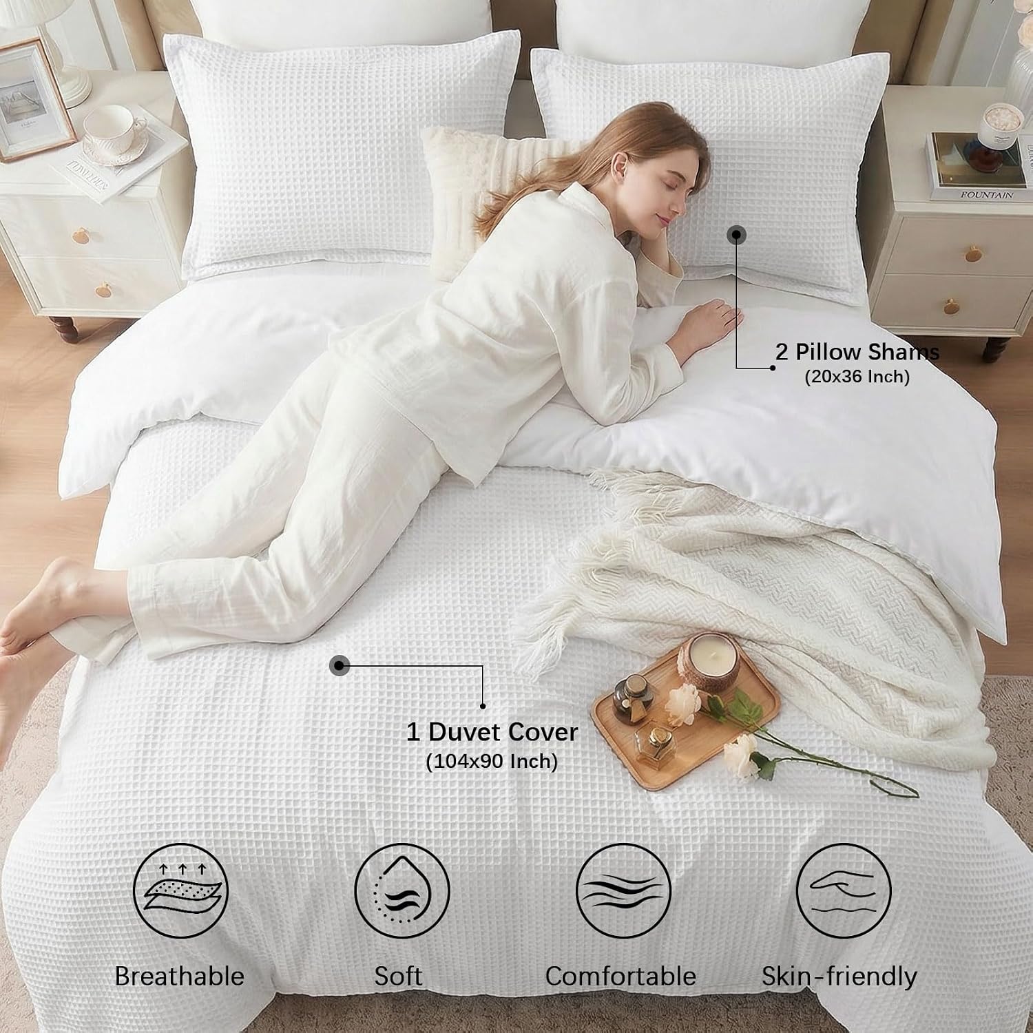 Waffle Weave Cotton Duvet Cover King Size - 100% Cotton Duvet Cover Set for All Season, Textured PureWoven Breathable Bedding Sets 3 Pcs with 2 Pillow Shams, Zipper, 4 Conner Ties,White