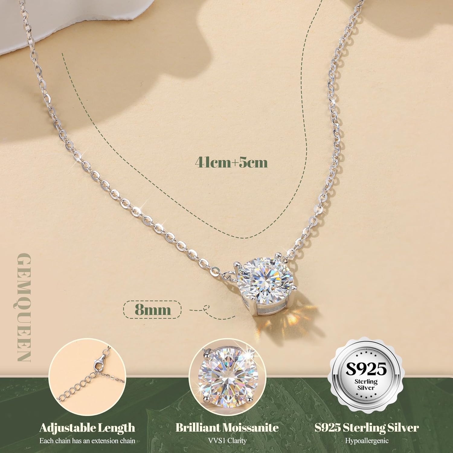 GEMQUEEN Moissanite Necklace 925 Sterling Silver Layered Necklaces for Women : 18K White Gold Plated Hypoallergenic Dainty Stack Chain Choker Pendant Jewelry Gifts D Color VVS1 Clarity 1-2CT