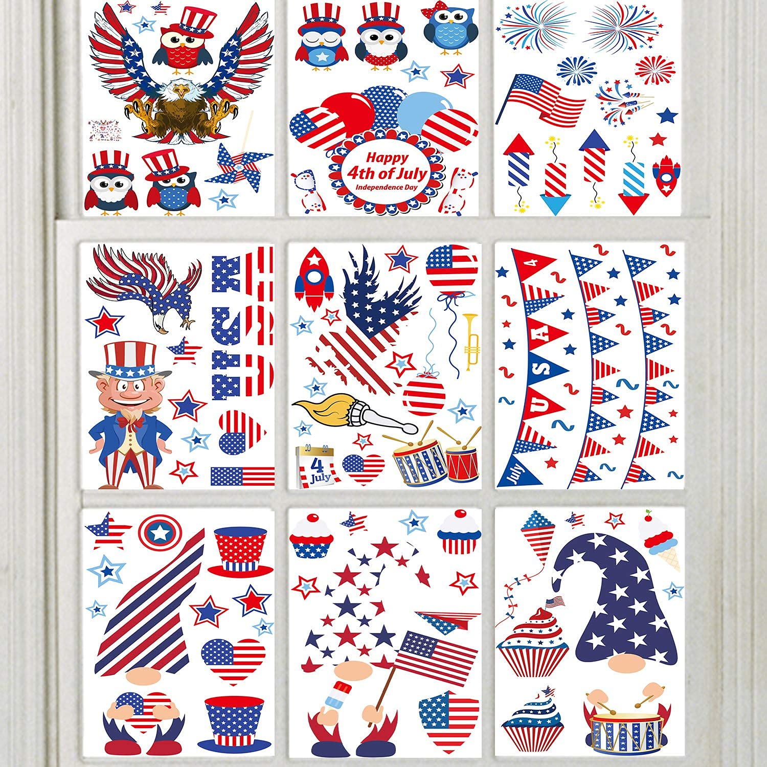 4th of July Window Clings,9 Sheets Independence Day Decor,July Fourth Patriotic Decorations for Home School Office(Multicolor)