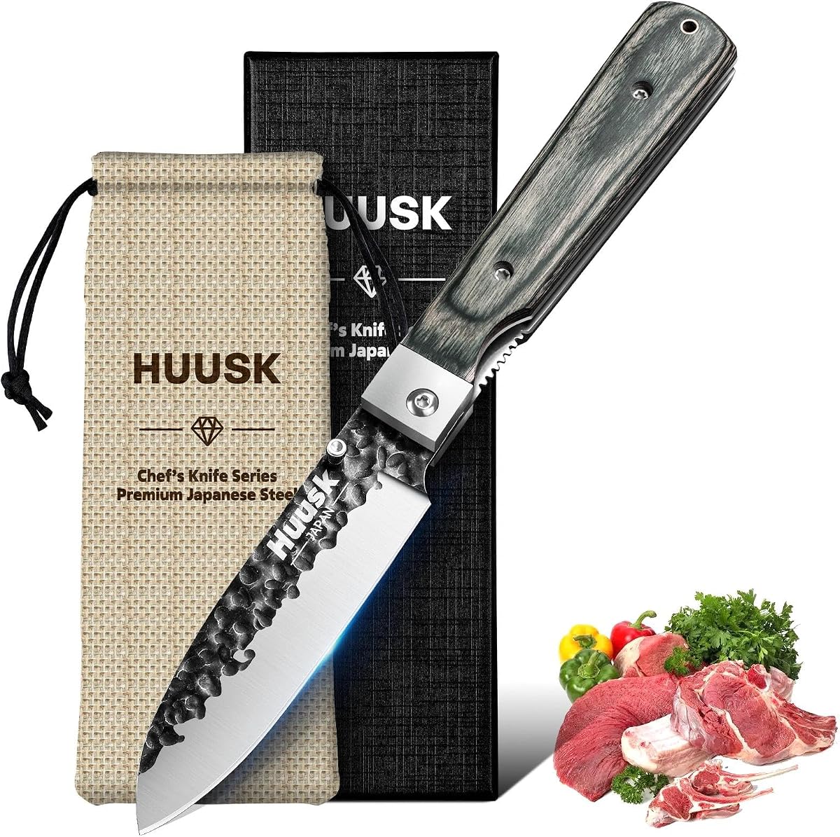 Huusk Japanese Folding Santoku Knife - Pocket Chef Knife | Portable Kitchen Knives, Hand Forged Blade, Wooden Handle, Gift Box, For BBQ, Camping and Travel