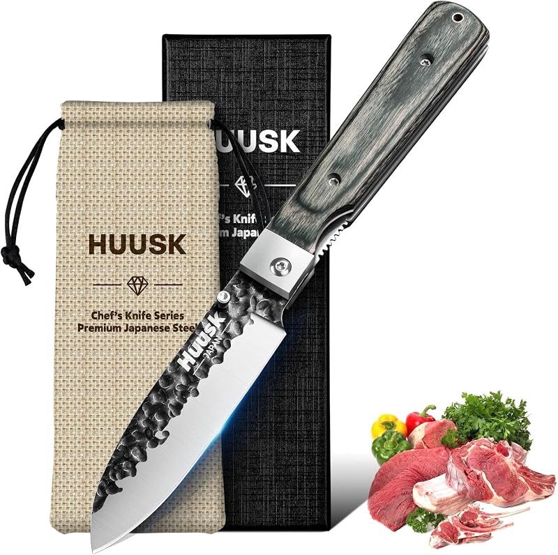 Huusk Japanese Folding Santoku Knife - Pocket Chef Knife | Portable Kitchen Knives, Hand Forged Blade, Wooden Handle, Gift Box, For BBQ, Camping and Travel