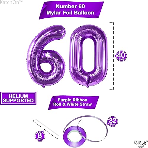 Vista 4 de KatchOn, Globos morados grandes del número 60, 40 pulgadas, globos de cumpleaños de 60 años, decoraciones moradas de 60 cumpleaños, globos de 60