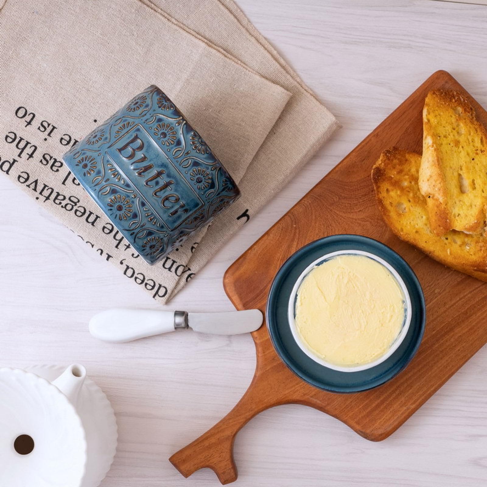 SIELUNO Ceramic Butter Dish With Lid, Vintage Pottery Butter Crock-Navy blue-10x10x8cm