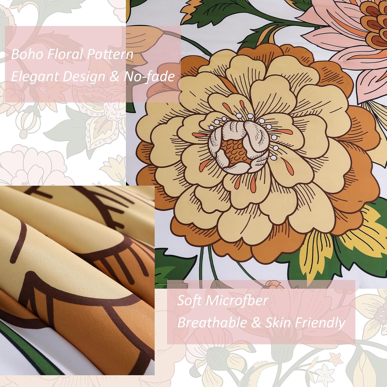 Floral Comforter Set, Pink Orange Bedding Set King Size 7 Piece Boho Chic Flower Bed in a Bag Revesible Microfiber Winter Down Alternative Bed Set with Pillowcases & Shams,Sheets - Image 6